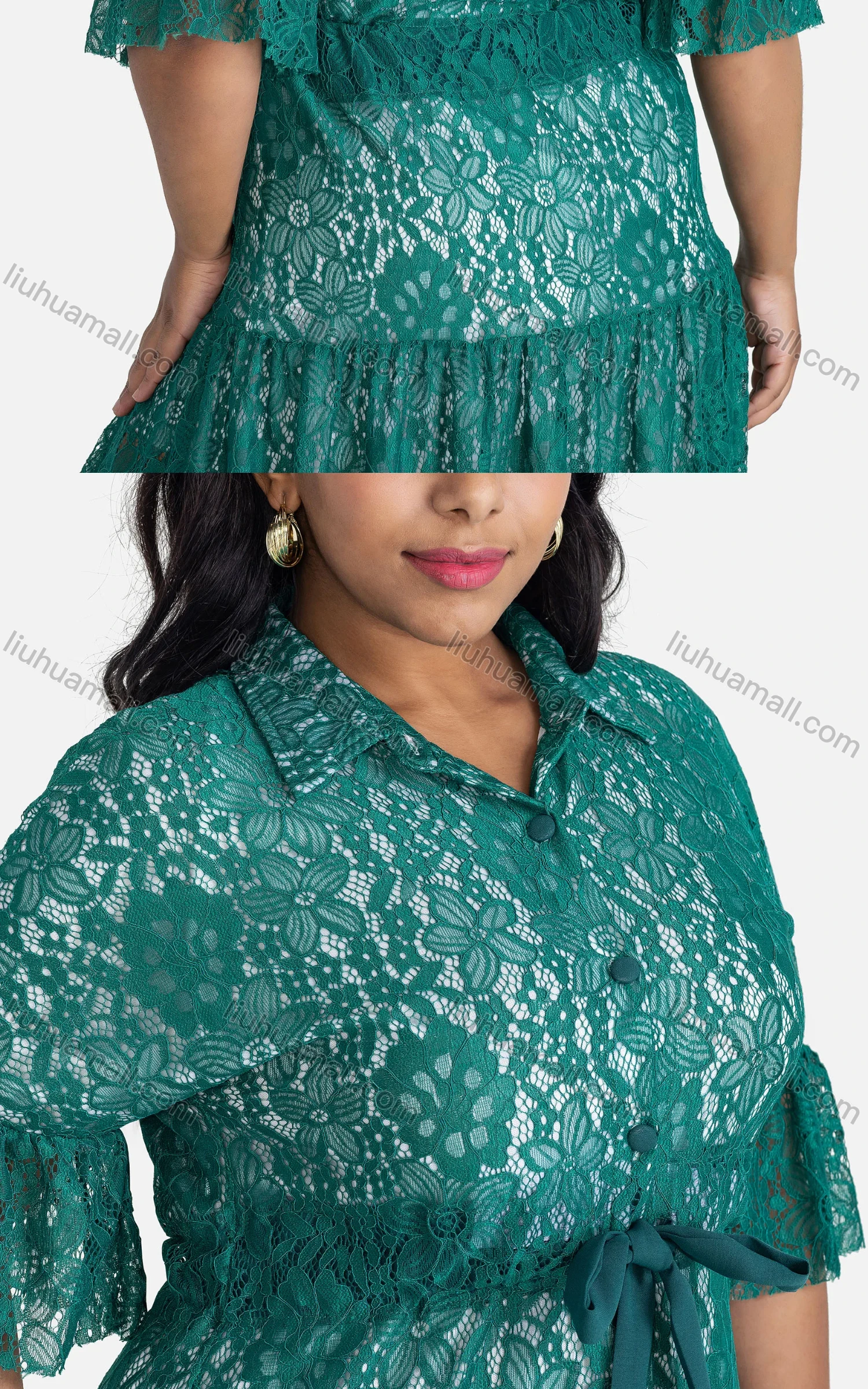Wholesale Women's Casual Loose Fit Tie Front Guipure Lace Button Front Midi Dress - Liuhuamall
