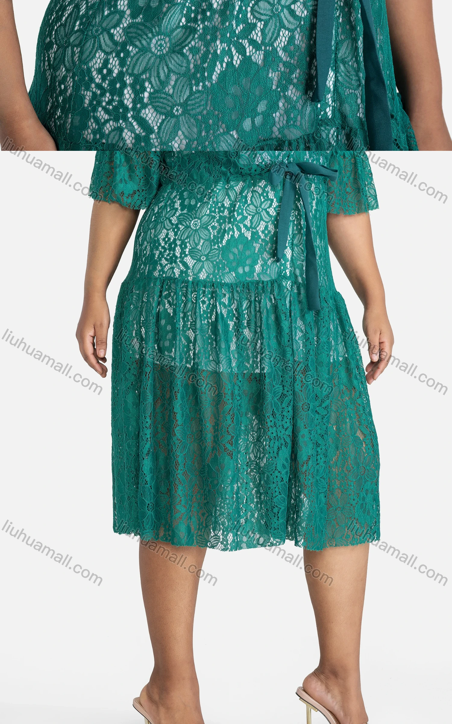 Wholesale Women's Casual Loose Fit Tie Front Guipure Lace Button Front Midi Dress - Liuhuamall