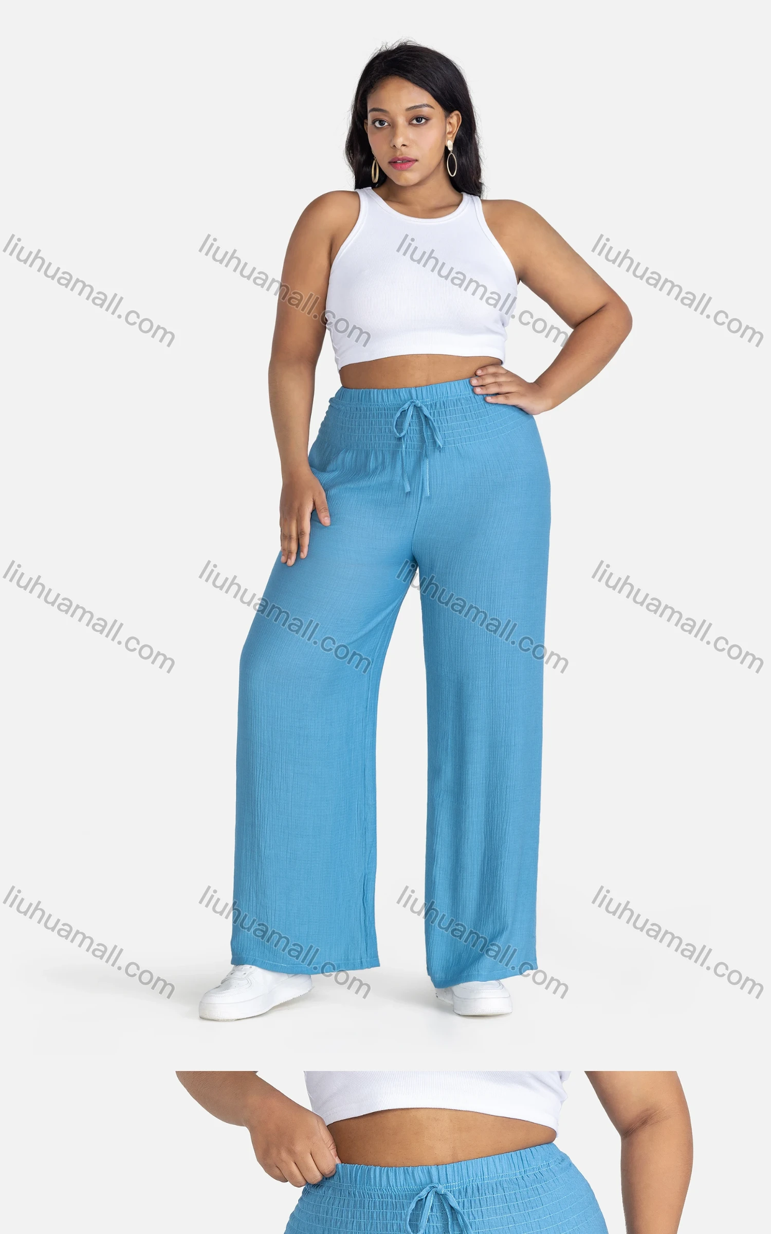 Wholesale Women's Casual Plain Drawstring High Waist Loose Fit Shirred Pants - Liuhuamall