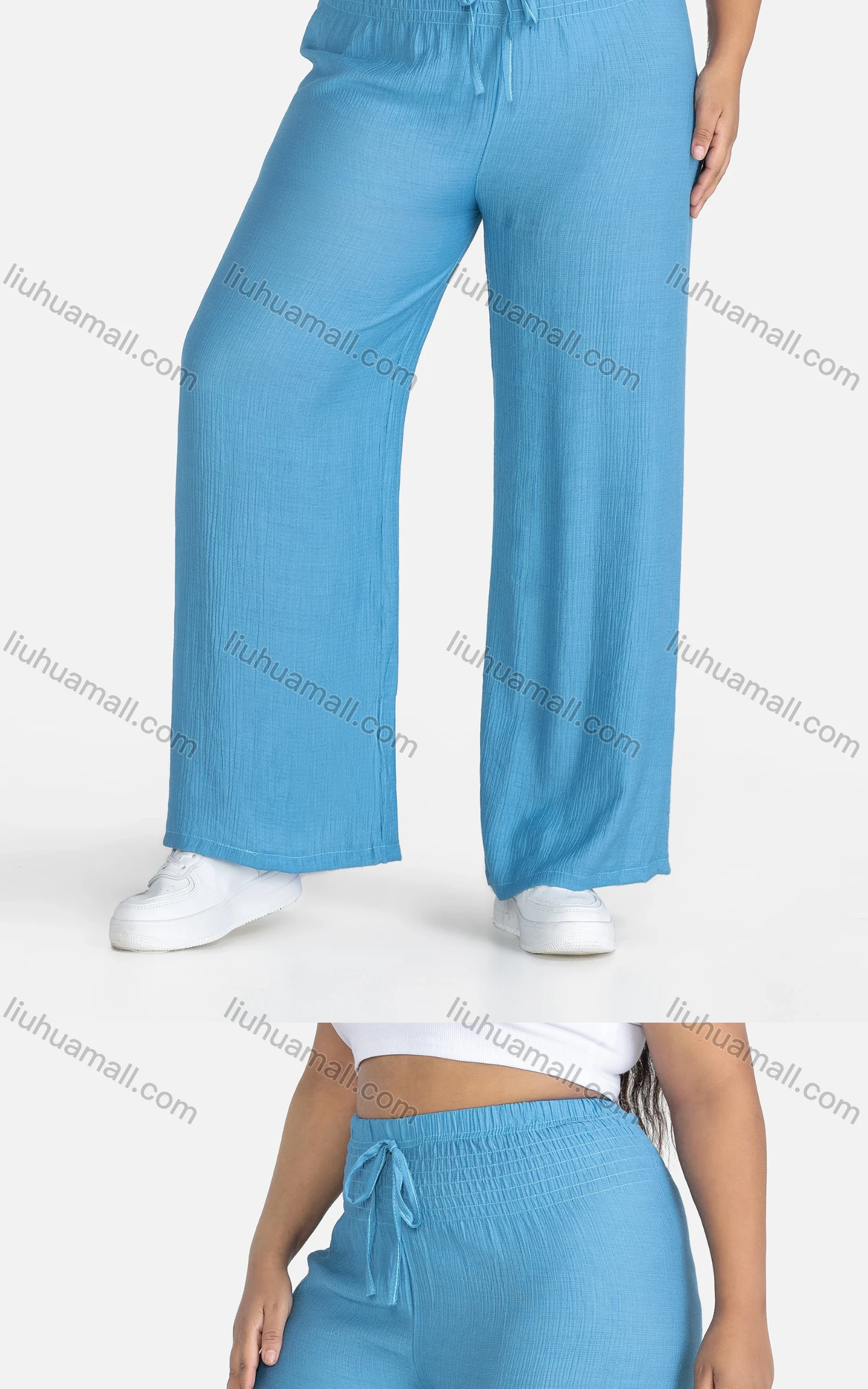 Wholesale Women's Casual Plain Drawstring High Waist Loose Fit Shirred Pants - Liuhuamall