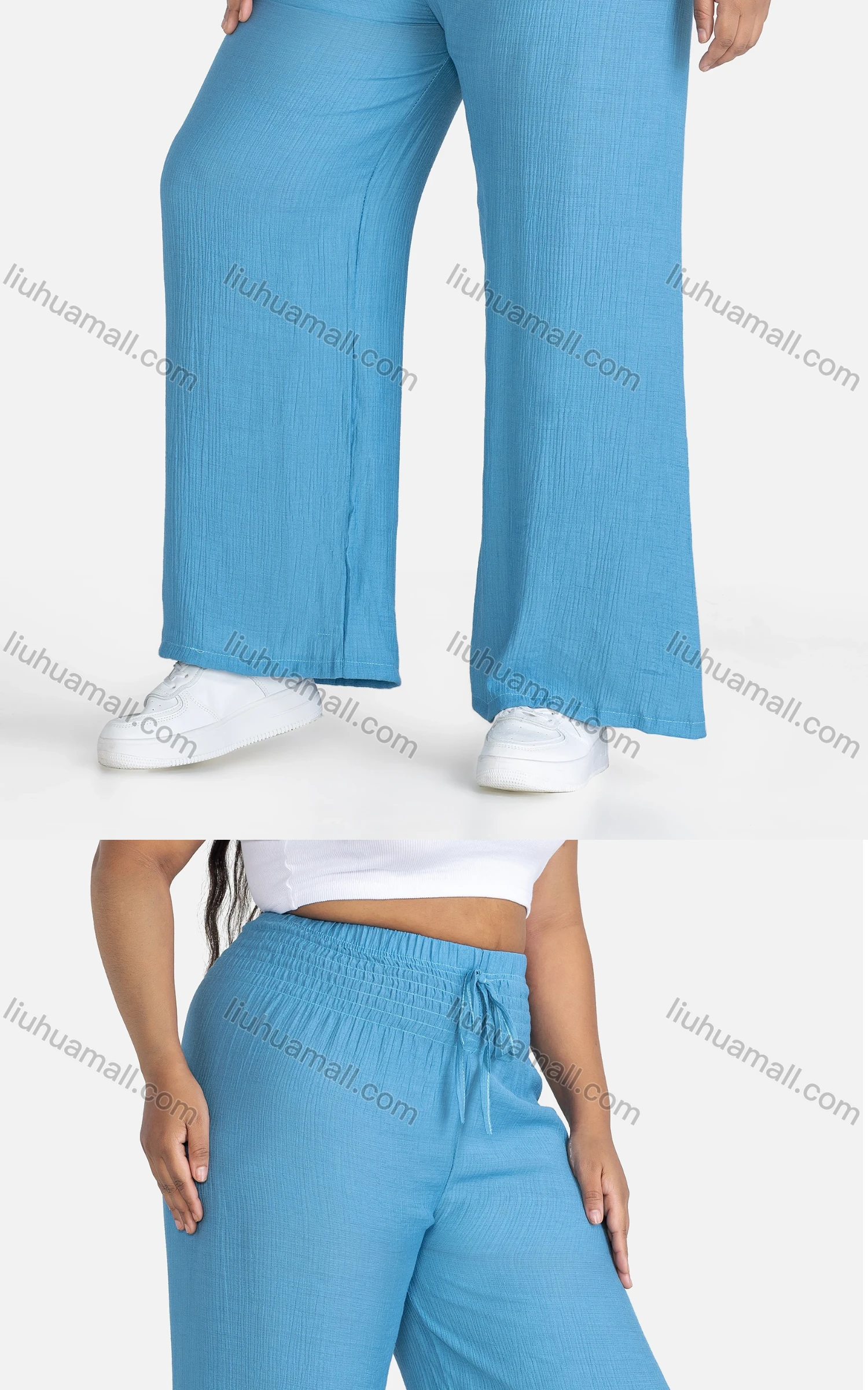 Wholesale Women's Casual Plain Drawstring High Waist Loose Fit Shirred Pants - Liuhuamall