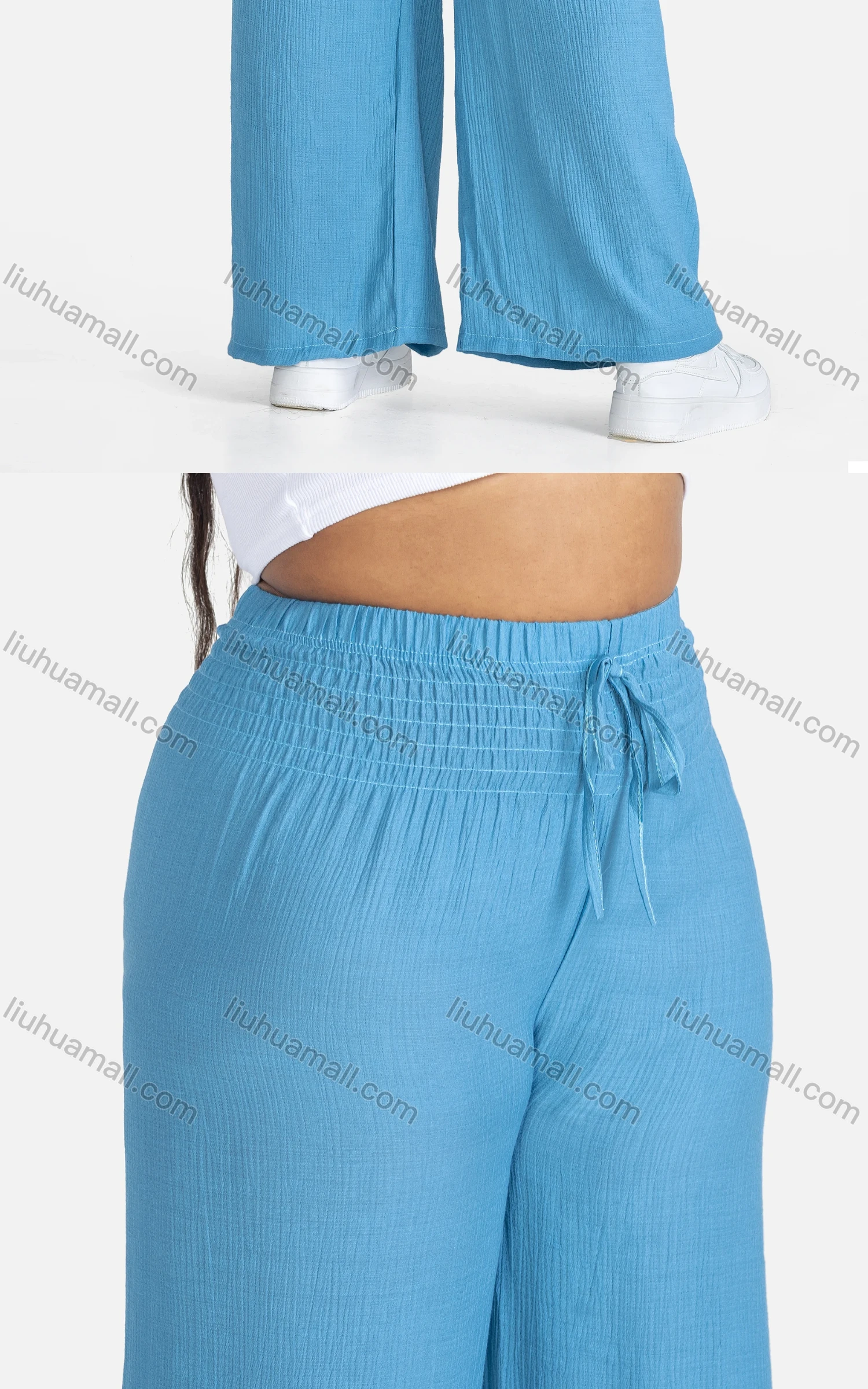 Wholesale Women's Casual Plain Drawstring High Waist Loose Fit Shirred Pants - Liuhuamall