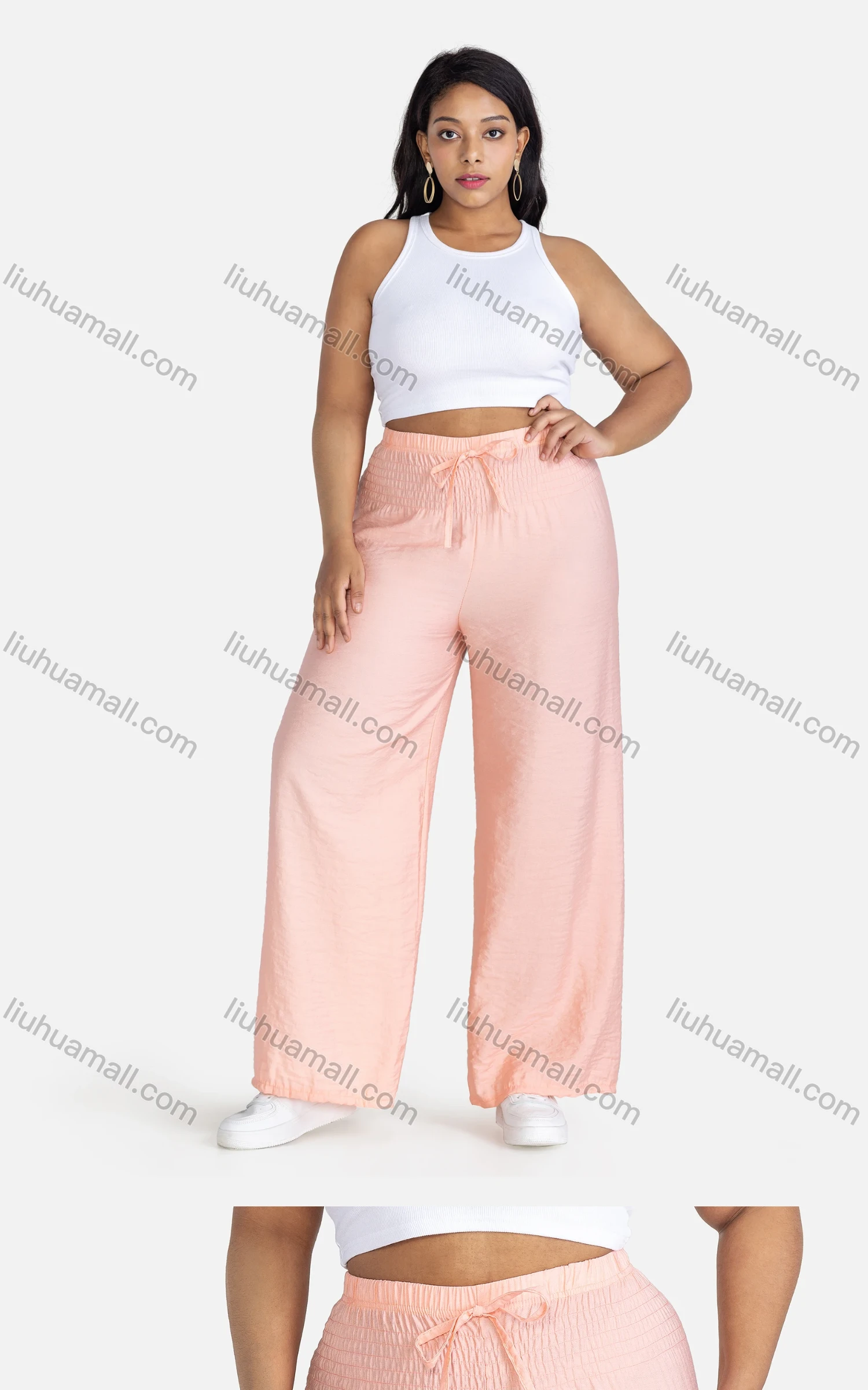 Wholesale Women's Casual Plain Drawstring High Waist Loose Fit Shirred Pants - Liuhuamall