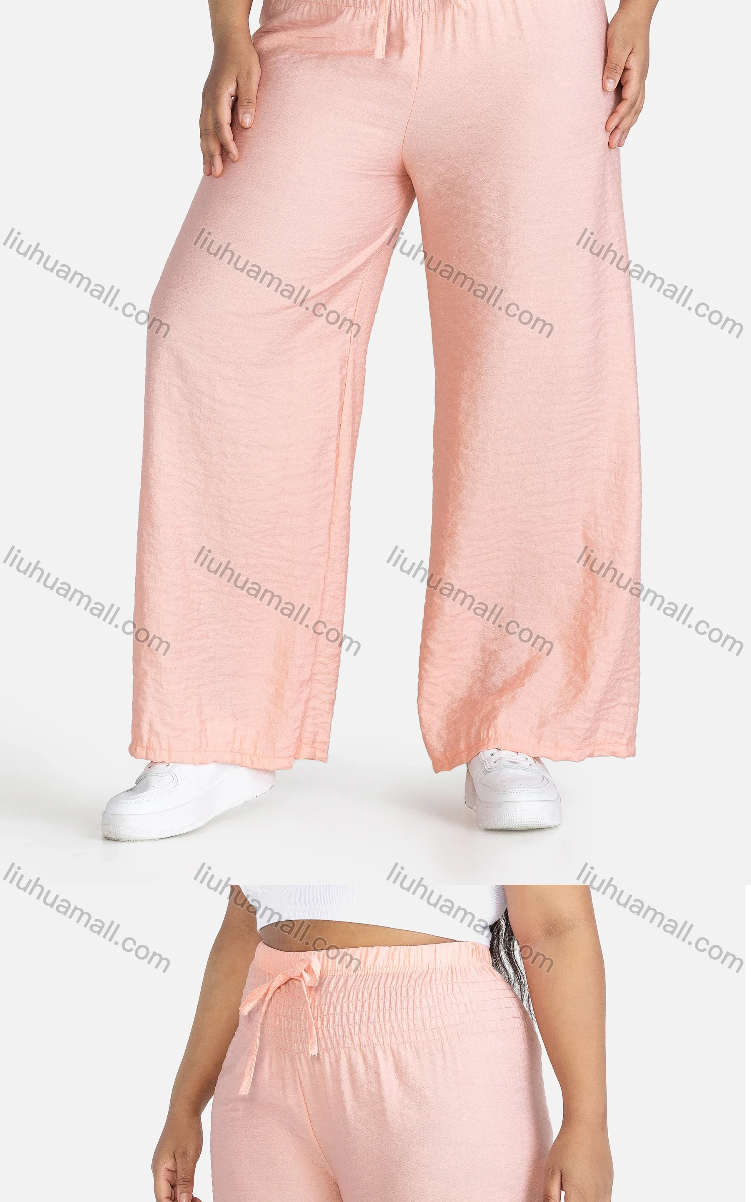 Wholesale Women's Casual Plain Drawstring High Waist Loose Fit Shirred Pants - Liuhuamall