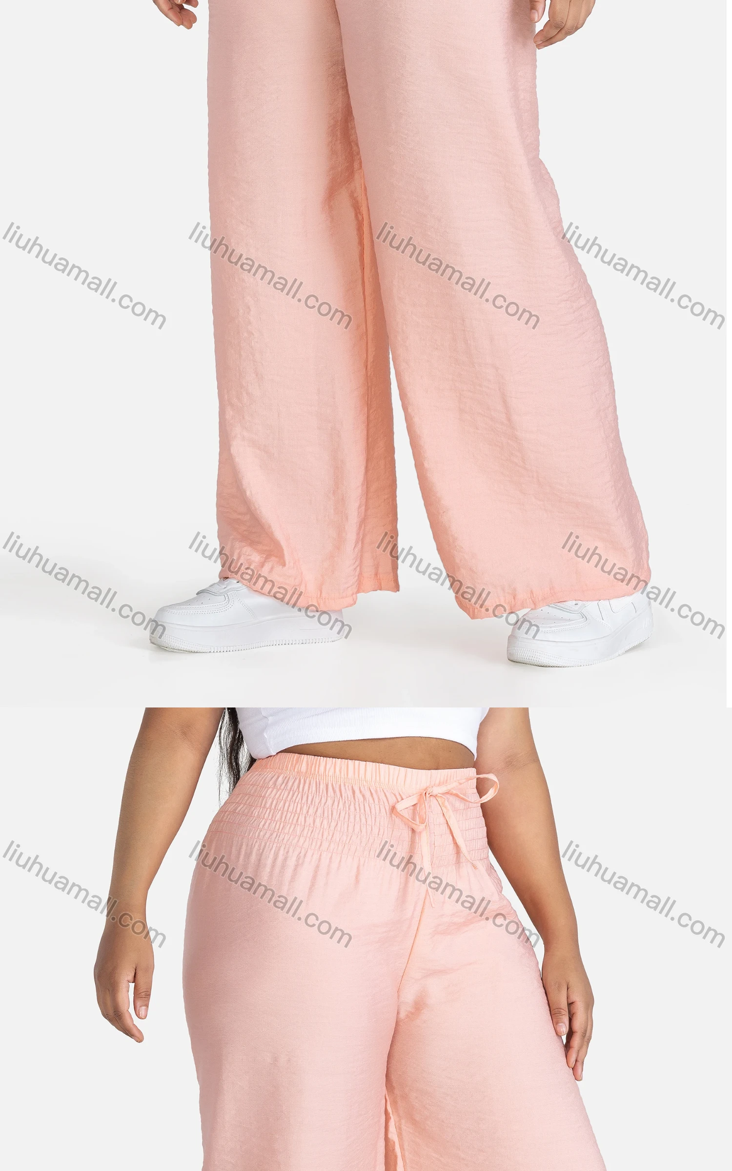 Wholesale Women's Casual Plain Drawstring High Waist Loose Fit Shirred Pants - Liuhuamall