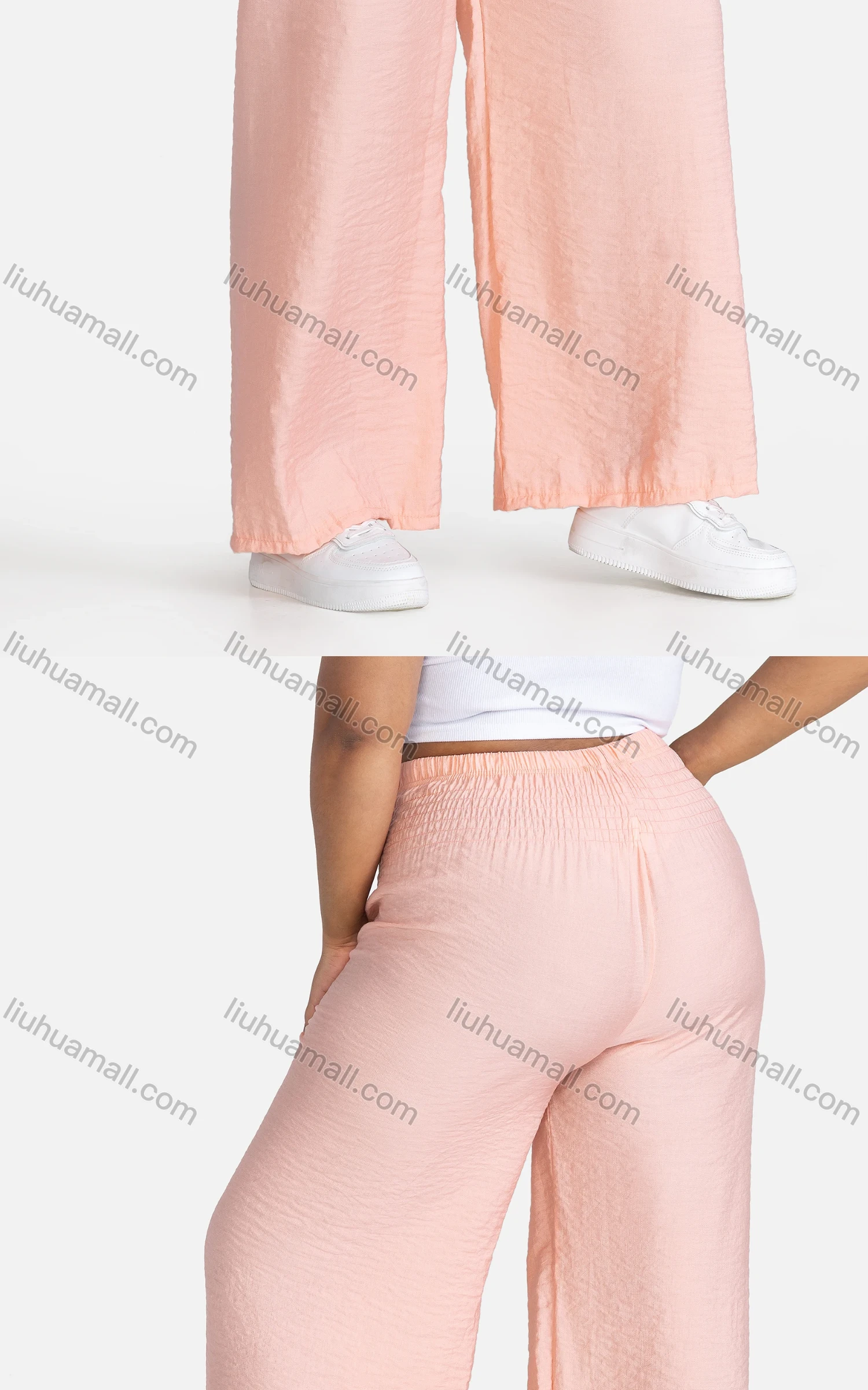 Wholesale Women's Casual Plain Drawstring High Waist Loose Fit Shirred Pants - Liuhuamall