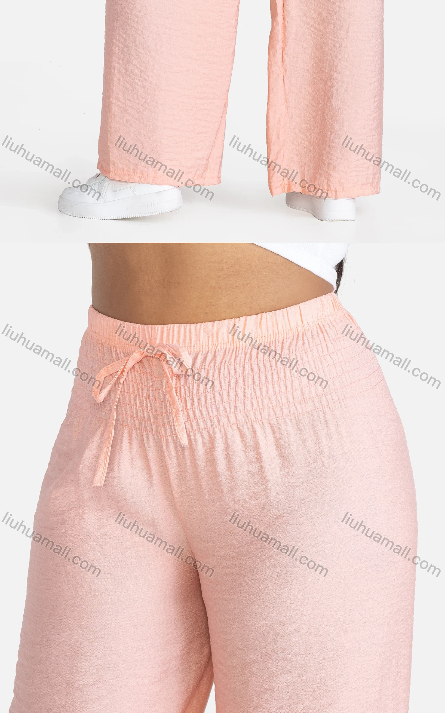 Wholesale Women's Casual Plain Drawstring High Waist Loose Fit Shirred Pants - Liuhuamall