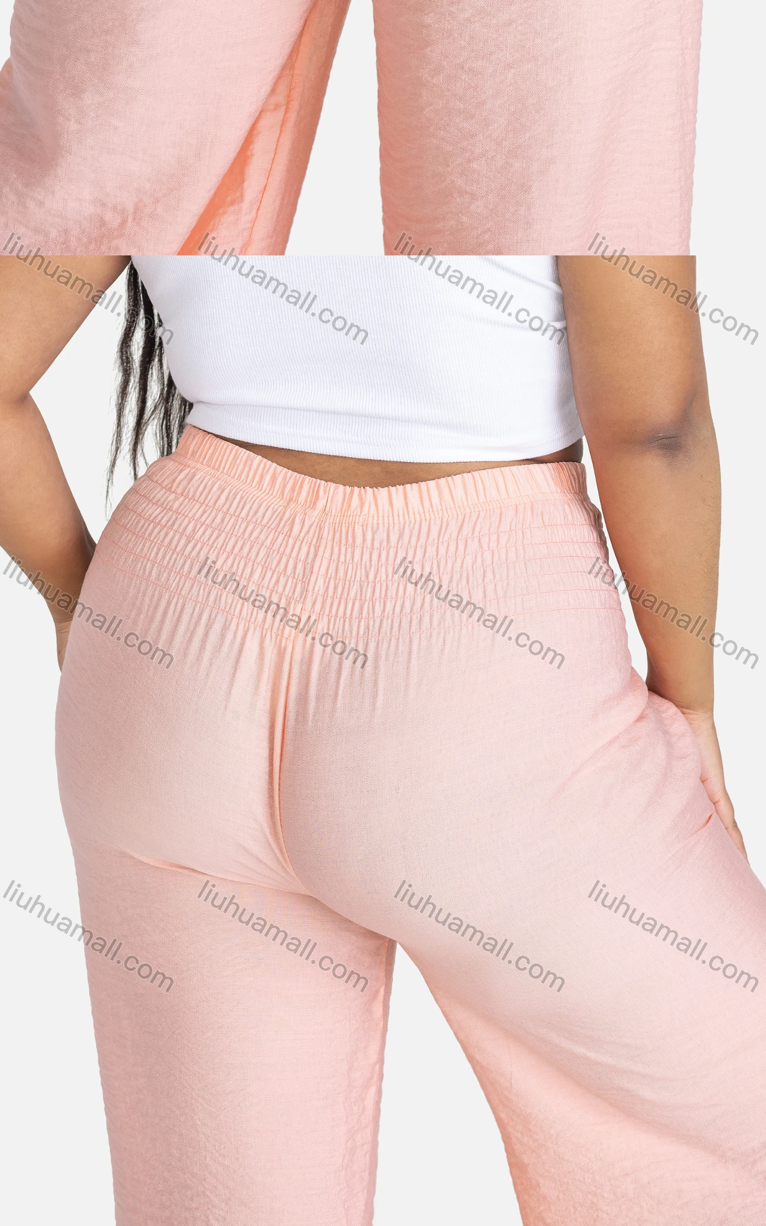 Wholesale Women's Casual Plain Drawstring High Waist Loose Fit Shirred Pants - Liuhuamall