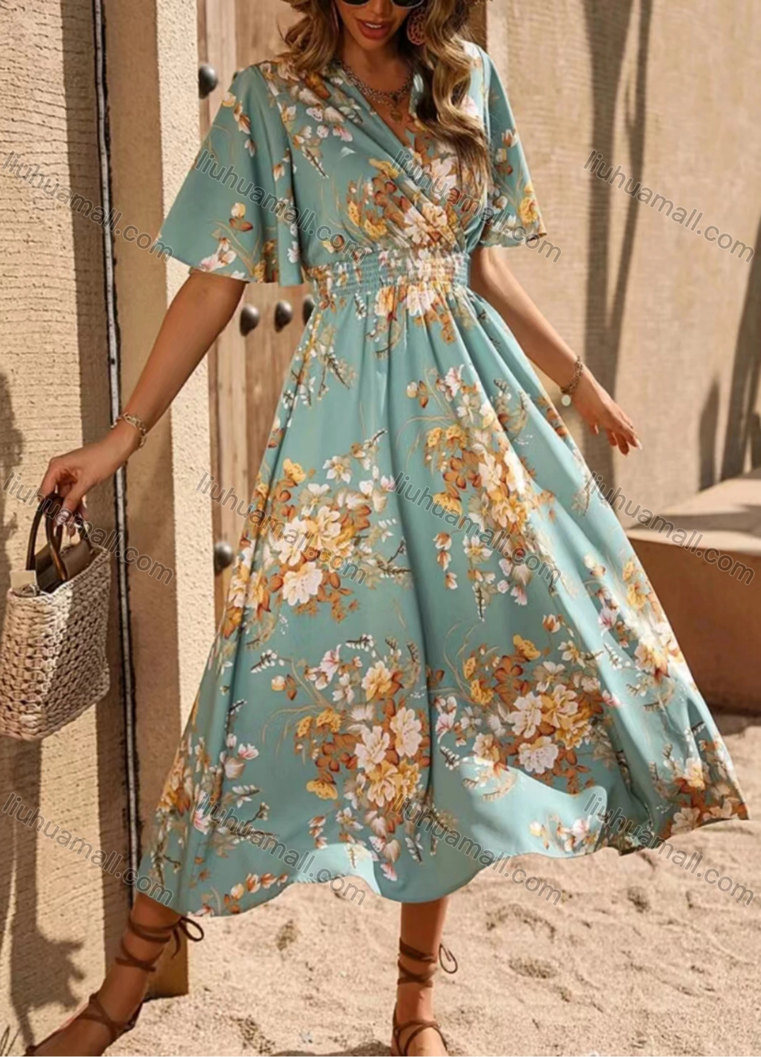 Wholesale Women's Casual Floral Print Wrap V Neck Short Sleeve Shirred Ruffle Hem Midi Dress - Liuhuamall