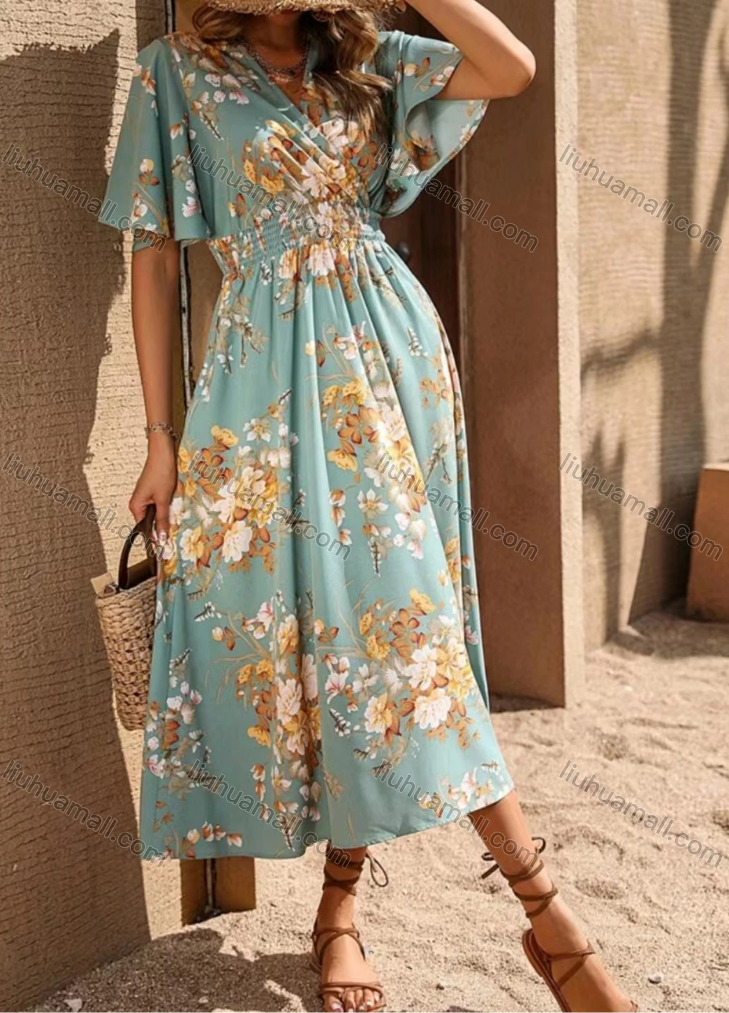 Wholesale Women's Casual Floral Print Wrap V Neck Short Sleeve Shirred Ruffle Hem Midi Dress - Liuhuamall
