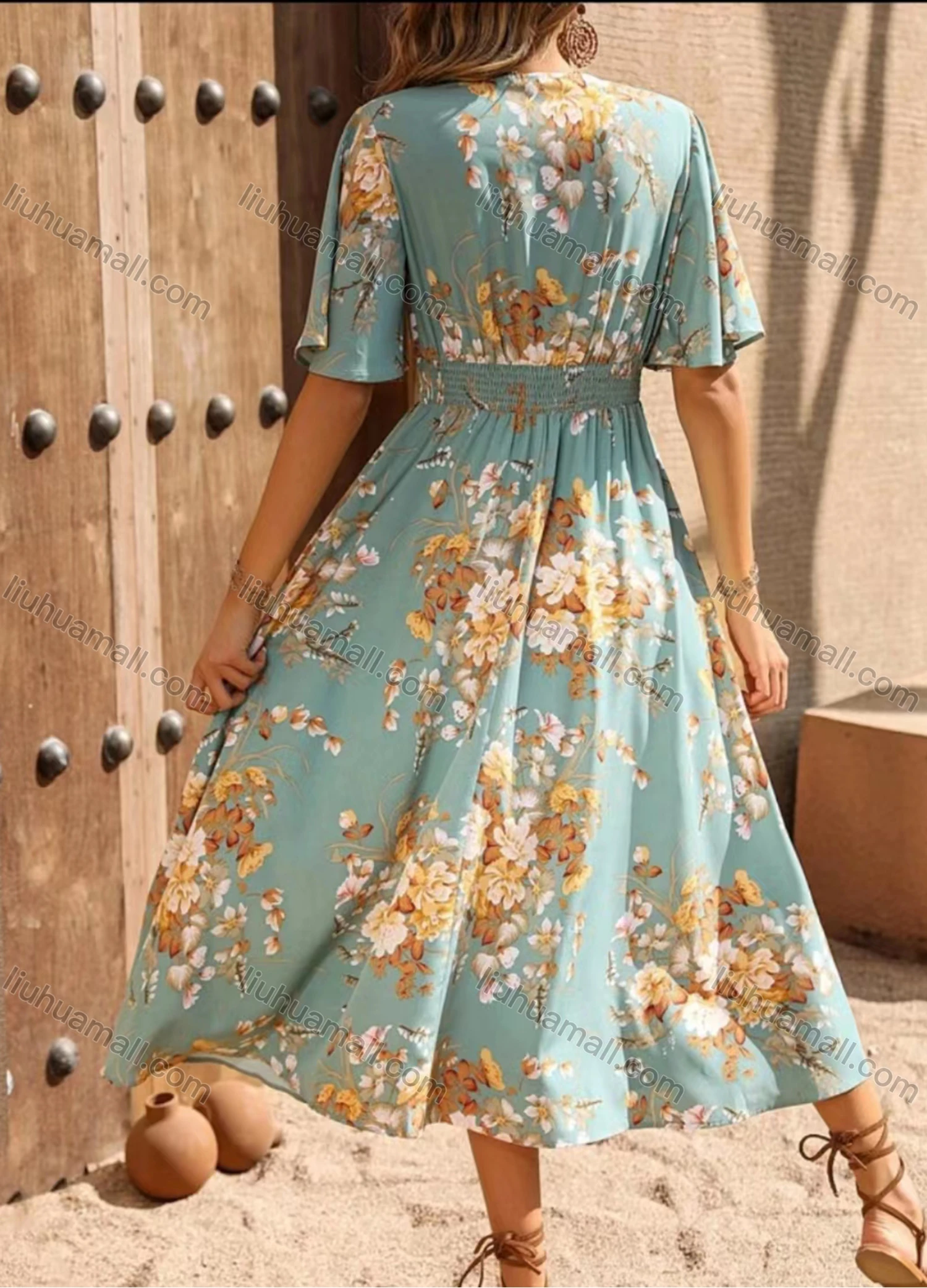 Wholesale Women's Casual Floral Print Wrap V Neck Short Sleeve Shirred Ruffle Hem Midi Dress - Liuhuamall