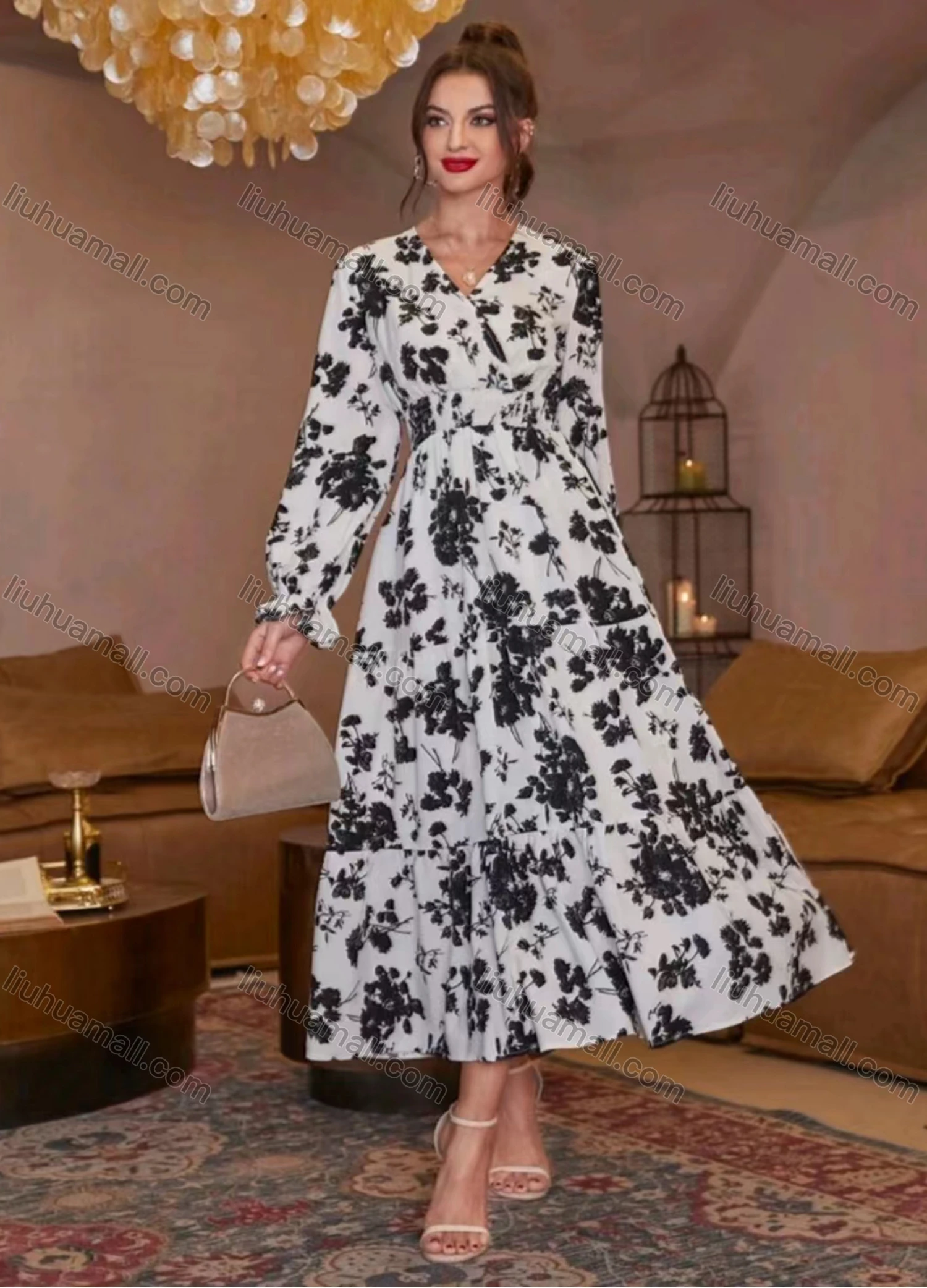 Wholesale Women's Elegant Casual Floral Print Wrap V Neck Long Sleeve Shirred Ruffle Hem Midi Dress - Liuhuamall
