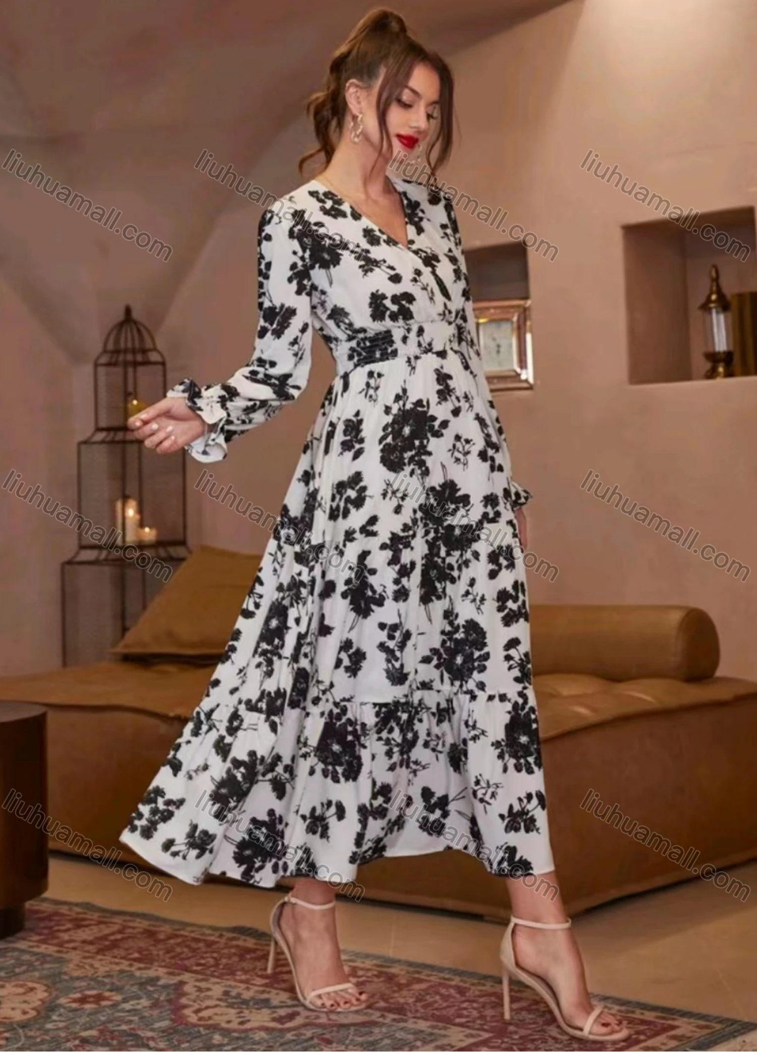 Wholesale Women's Elegant Casual Floral Print Wrap V Neck Long Sleeve Shirred Ruffle Hem Midi Dress - Liuhuamall