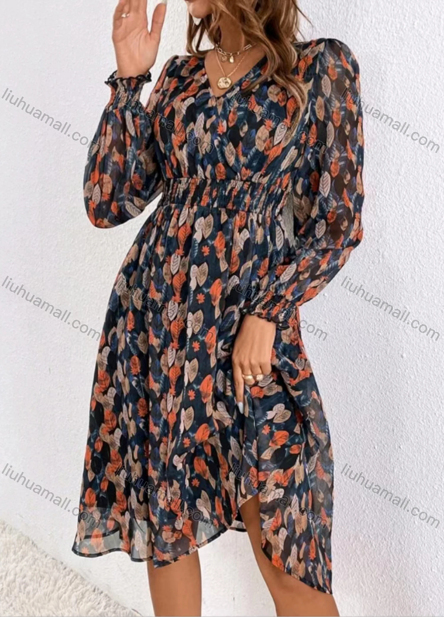 Wholesale Women's Casual Elegant Wrap V Neck Allover Print Long Sleeve Shirred Ruffle Hem Midi Dress - Liuhuamall