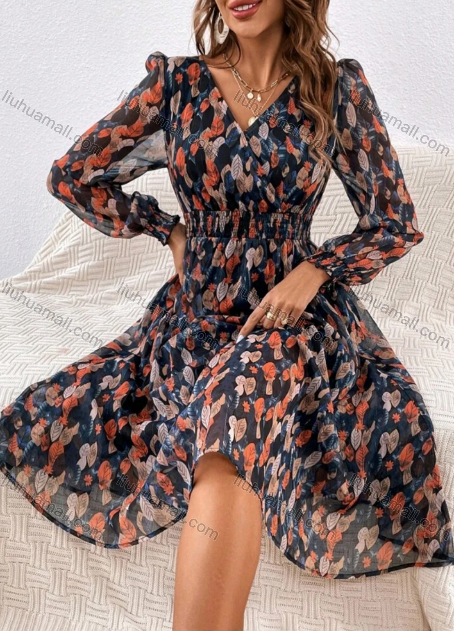 Wholesale Women's Casual Elegant Wrap V Neck Allover Print Long Sleeve Shirred Ruffle Hem Midi Dress - Liuhuamall