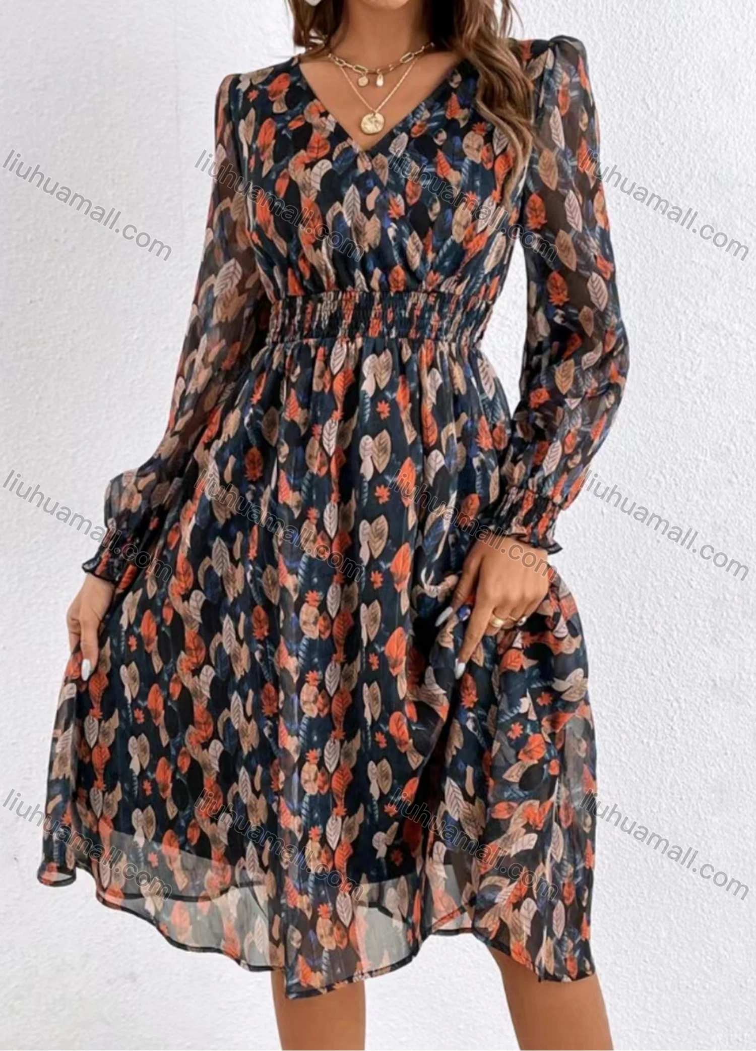 Wholesale Women's Casual Elegant Wrap V Neck Allover Print Long Sleeve Shirred Ruffle Hem Midi Dress - Liuhuamall