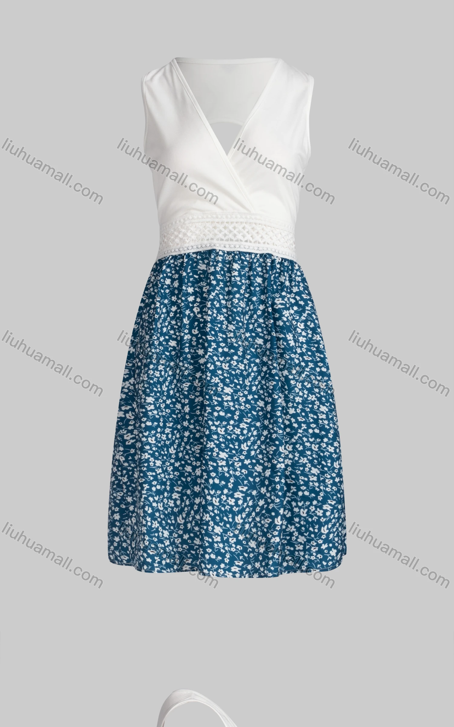 Wholesale Women's Sexy Sleeveless V Neck Bow Knot Cutout Back Splicing Floral Dress - Liuhuamall
