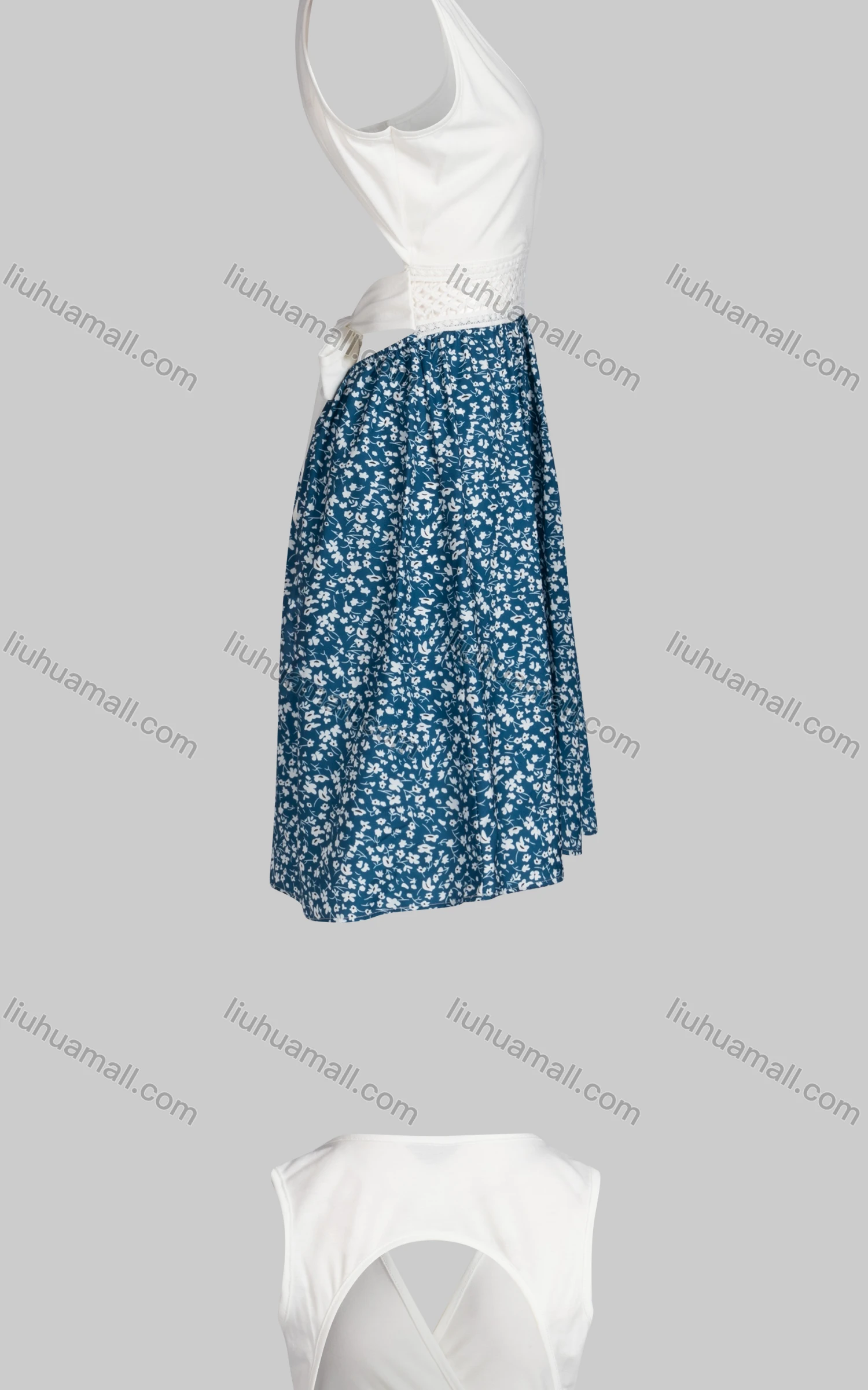Wholesale Women's Sexy Sleeveless V Neck Bow Knot Cutout Back Splicing Floral Dress - Liuhuamall