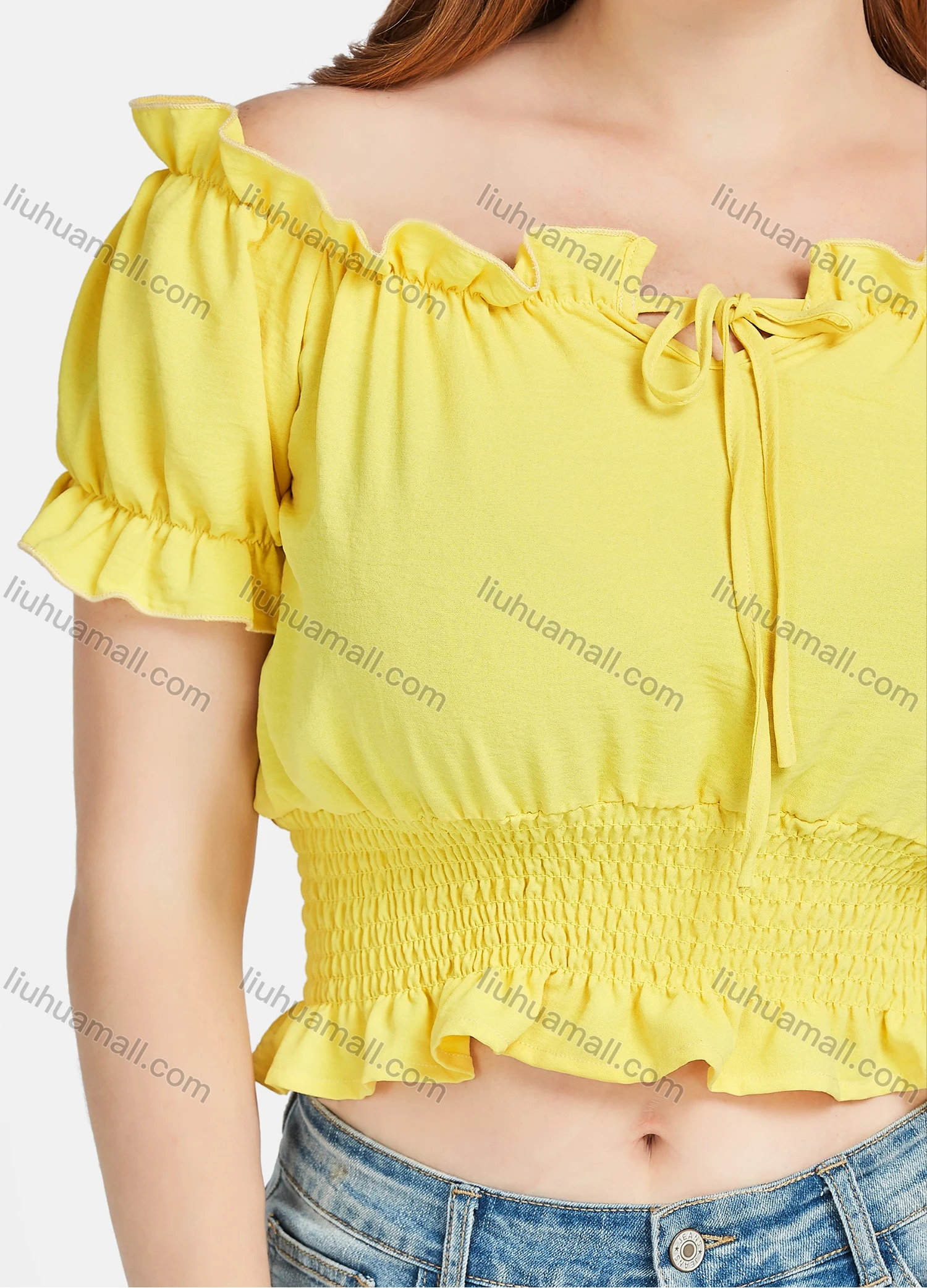 Wholesale Women's Casual Plain Ruffle Trim Off Shoulder Shirred Lace Up Crop Blouse A23690# - Liuhuamall