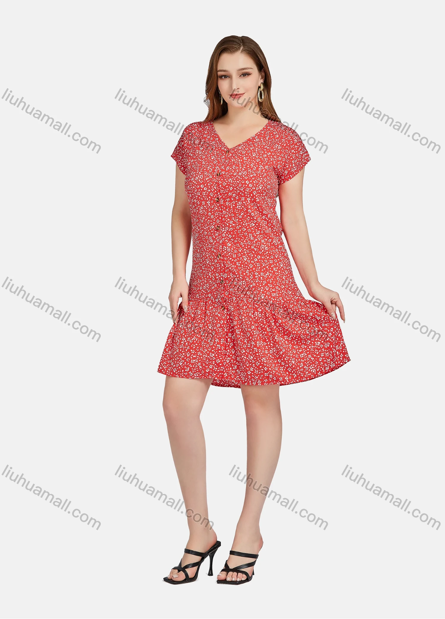 Wholesale Women's Casual Floral Allover Print V Neck Short Sleeve Buttons Down Ruffle Hem Short Dress A22017# - Liuhuamall
