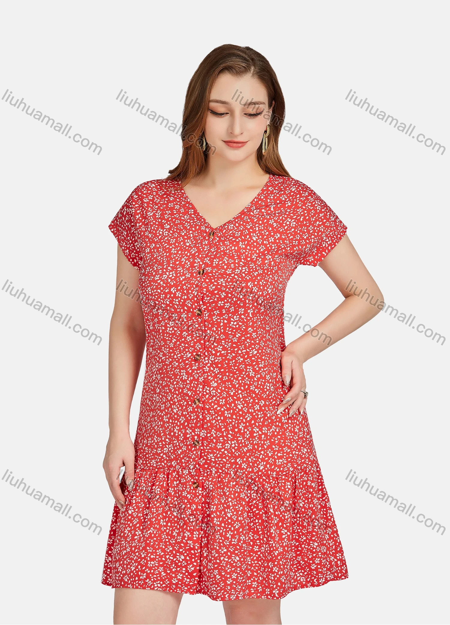 Wholesale Women's Casual Floral Allover Print V Neck Short Sleeve Buttons Down Ruffle Hem Short Dress A22017# - Liuhuamall