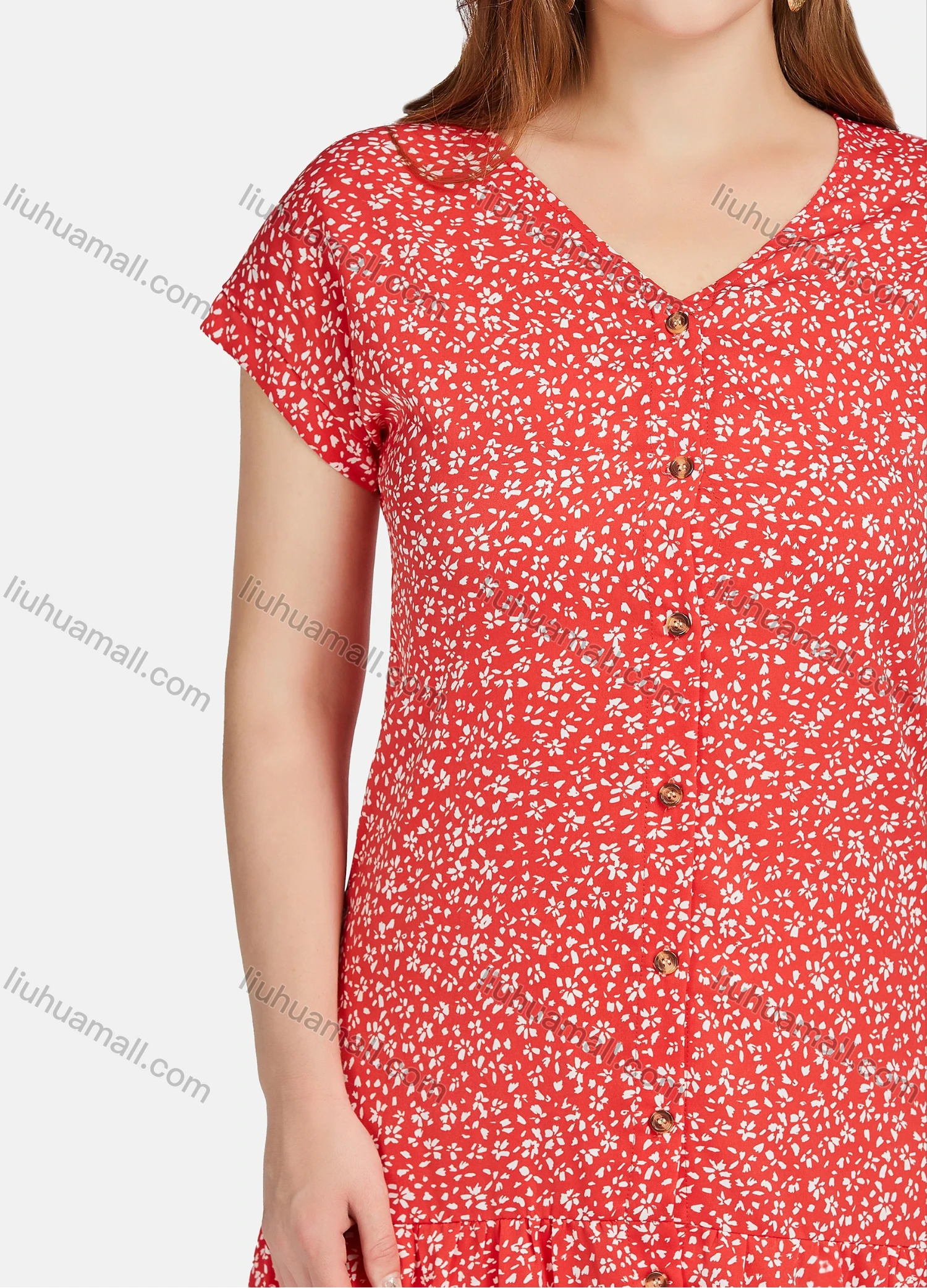 Wholesale Women's Casual Floral Allover Print V Neck Short Sleeve Buttons Down Ruffle Hem Short Dress A22017# - Liuhuamall