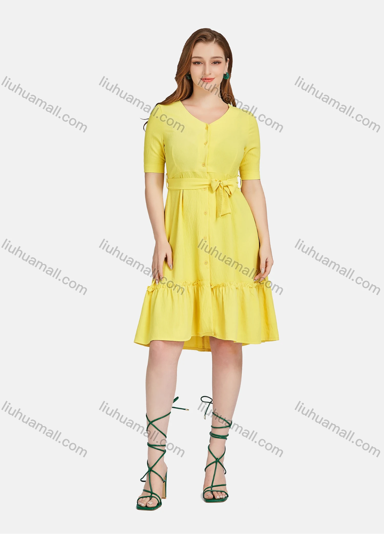 Wholesale Women's Casual Plain V Neck Short Sleeve Buttons Down Ruffle Hem Short Dress With Belt L35411# - Liuhuamall