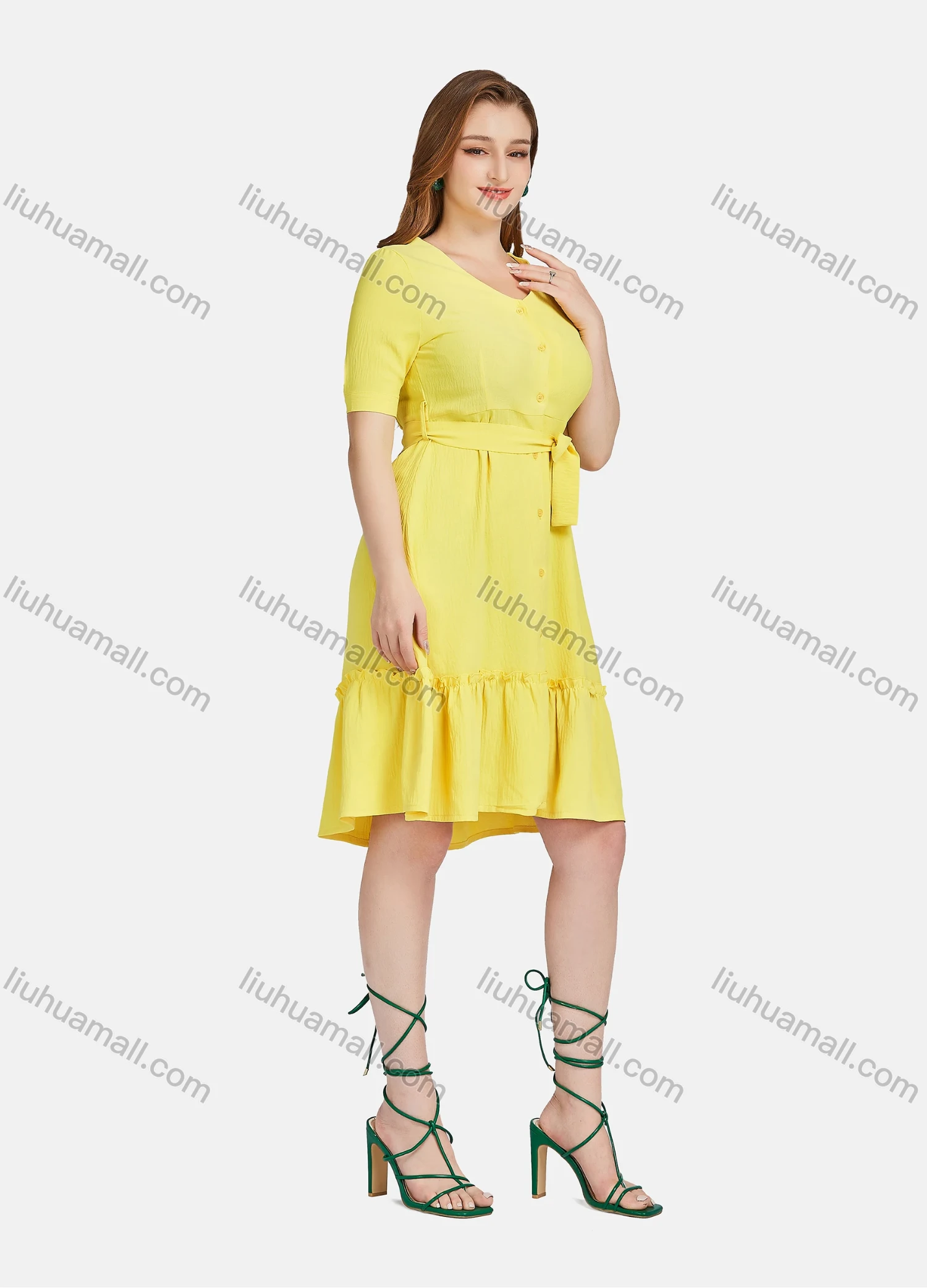 Wholesale Women's Casual Plain V Neck Short Sleeve Buttons Down Ruffle Hem Short Dress With Belt L35411# - Liuhuamall