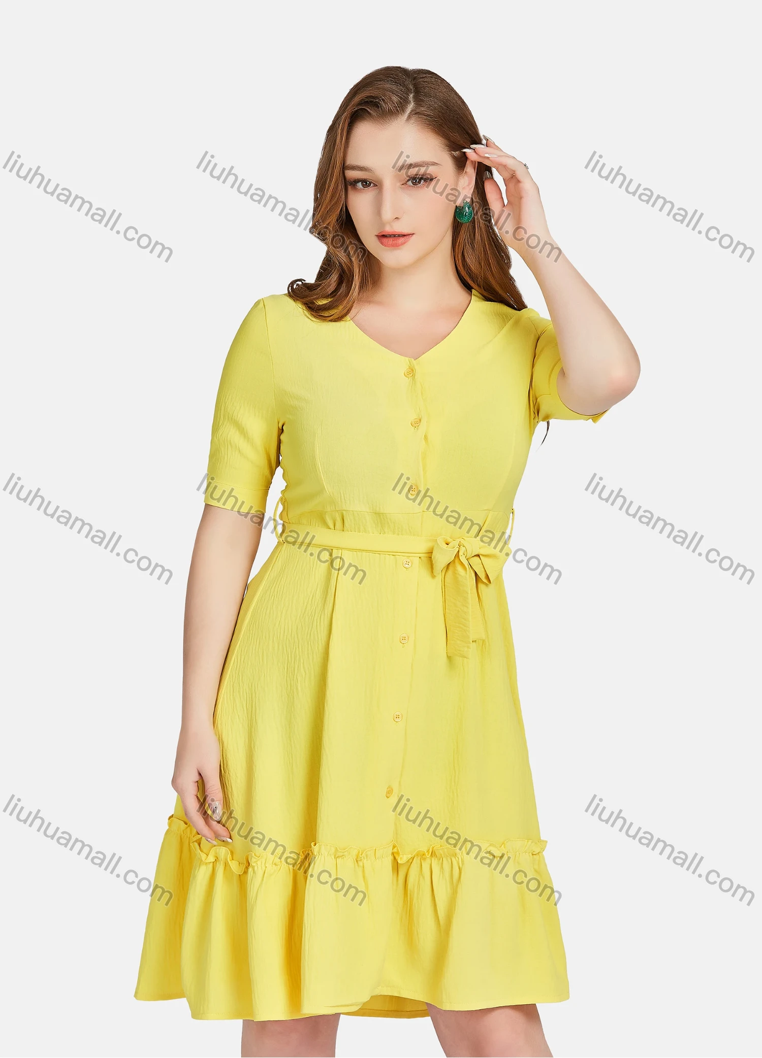 Wholesale Women's Casual Plain V Neck Short Sleeve Buttons Down Ruffle Hem Short Dress With Belt L35411# - Liuhuamall