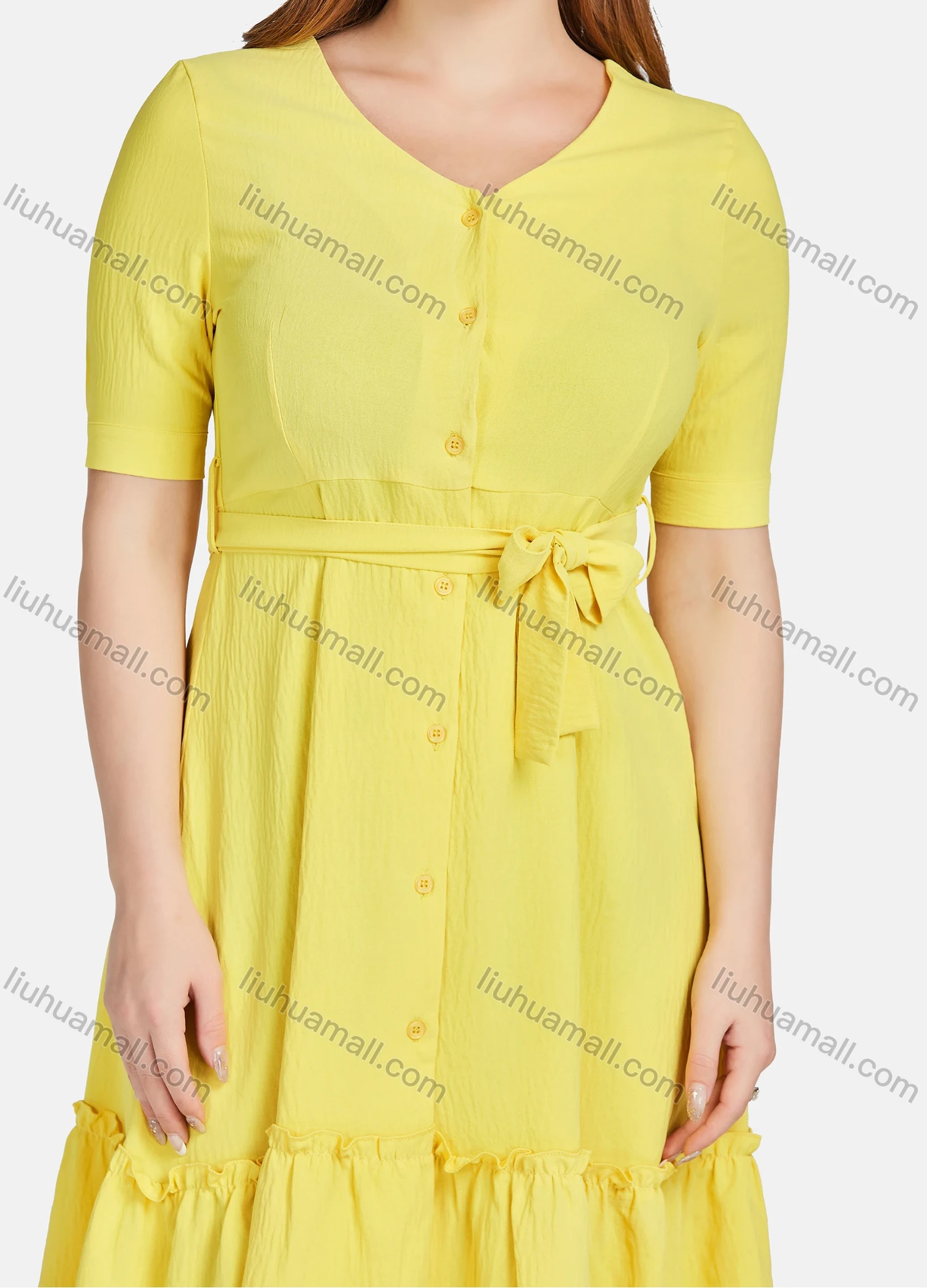 Wholesale Women's Casual Plain V Neck Short Sleeve Buttons Down Ruffle Hem Short Dress With Belt L35411# - Liuhuamall