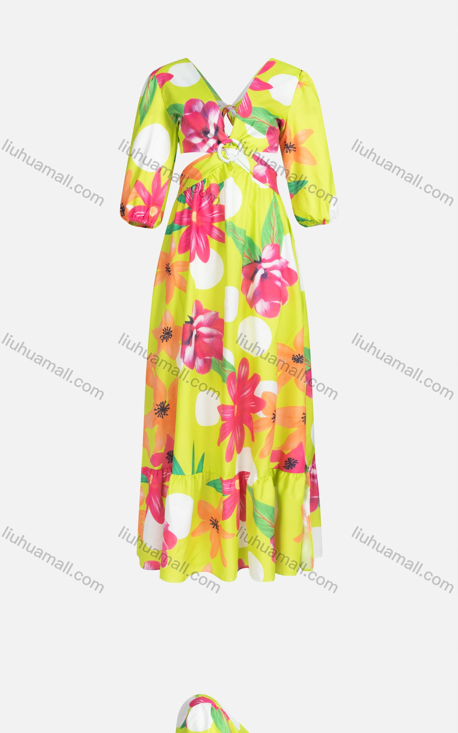 Wholesale Women's Sexy Deep V Neck Cut Out High Waist Floral Cocktail Dress - Liuhuamall