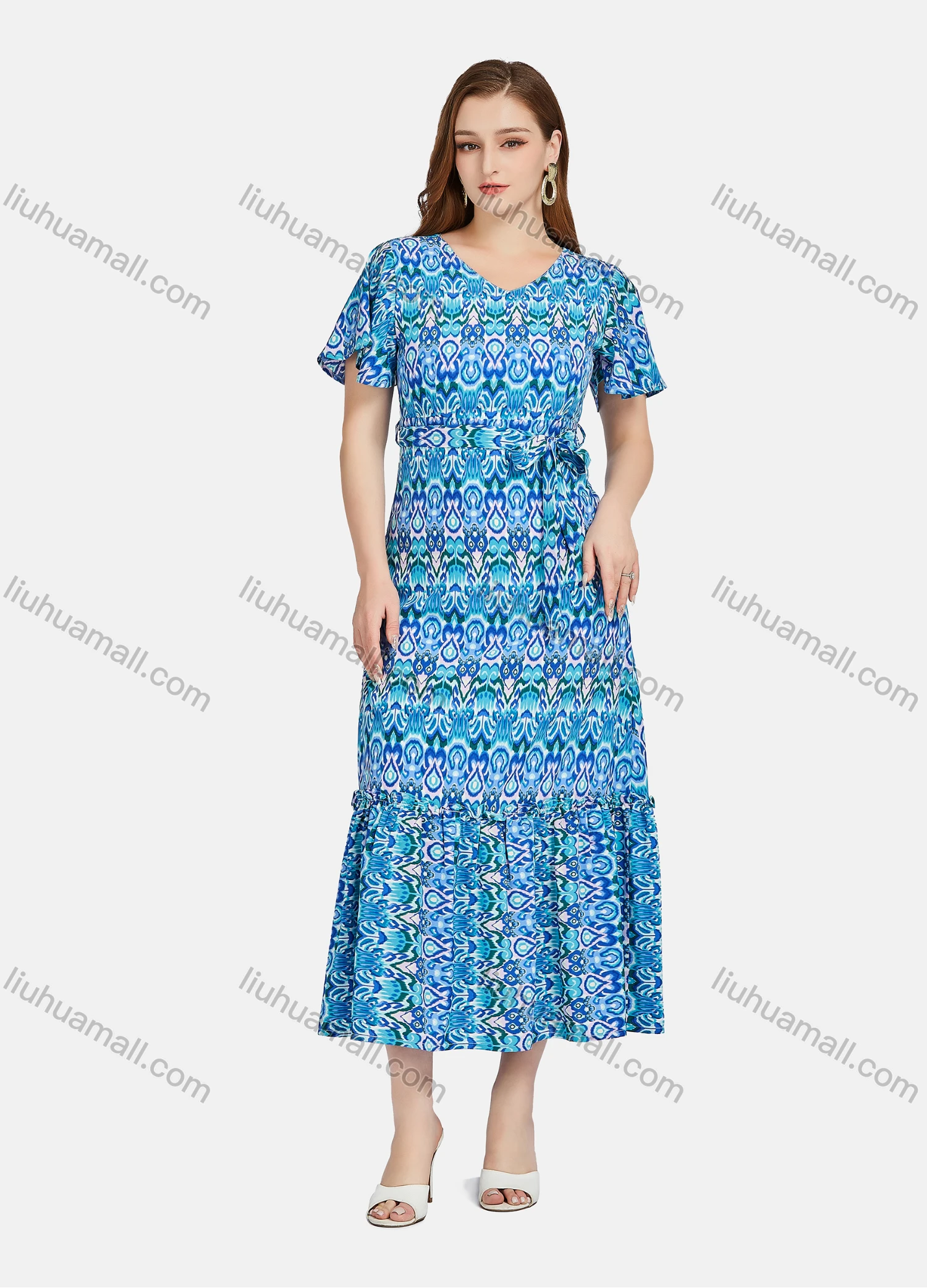 Wholesale Women's Casual Allover Print Short Sleeve V Neck Ruffle Hem Midi Dress With Belt JL22R-3027# - Liuhuamall