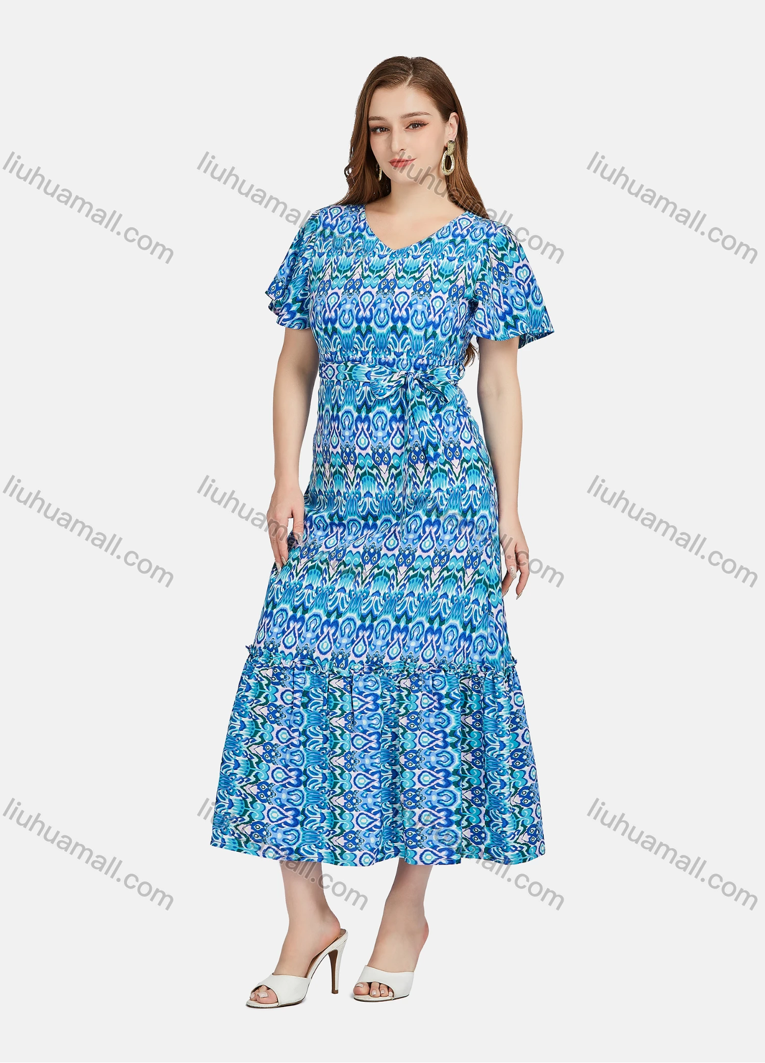Wholesale Women's Casual Allover Print Short Sleeve V Neck Ruffle Hem Midi Dress With Belt JL22R-3027# - Liuhuamall