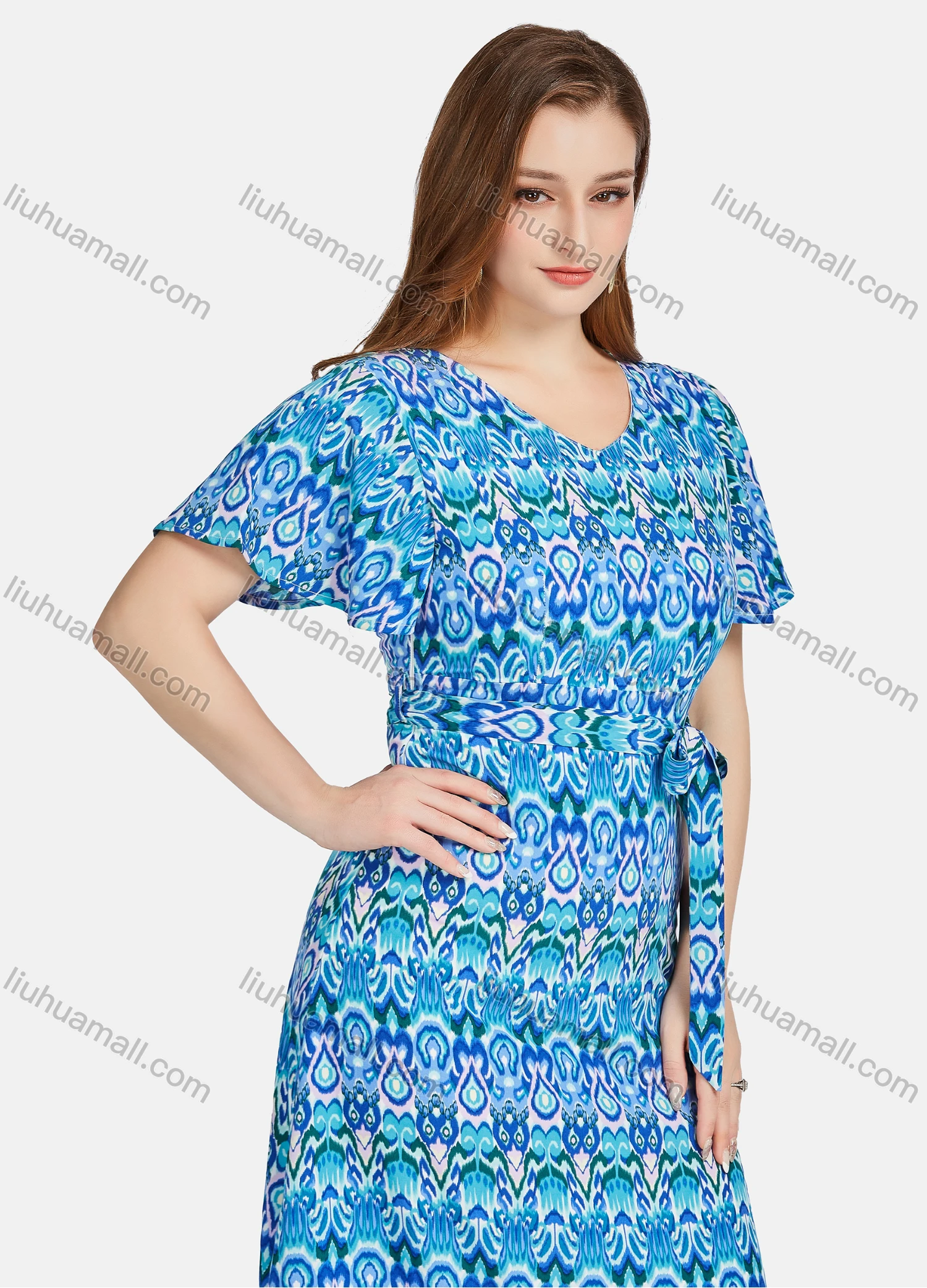 Wholesale Women's Casual Allover Print Short Sleeve V Neck Ruffle Hem Midi Dress With Belt JL22R-3027# - Liuhuamall