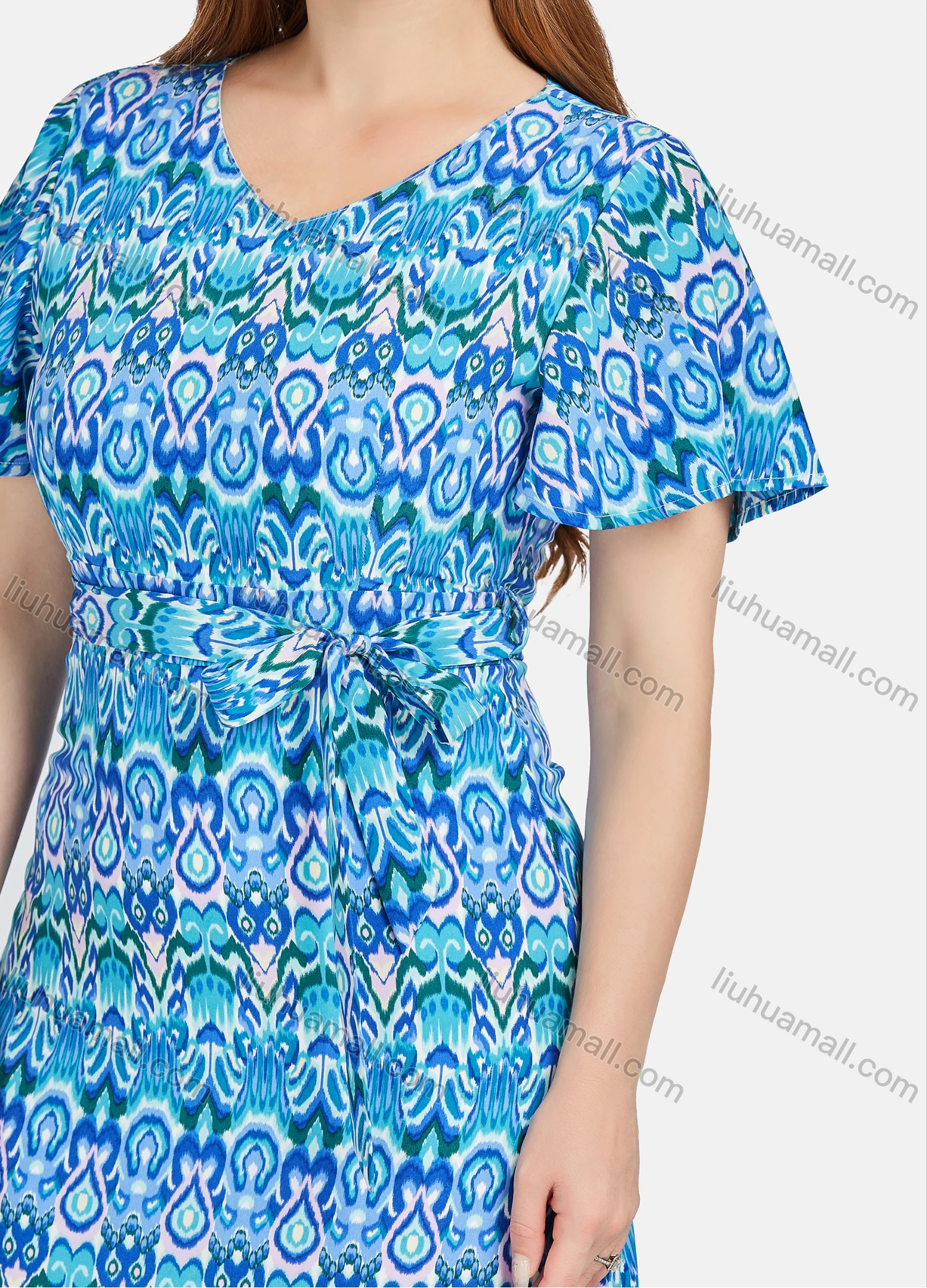 Wholesale Women's Casual Allover Print Short Sleeve V Neck Ruffle Hem Midi Dress With Belt JL22R-3027# - Liuhuamall
