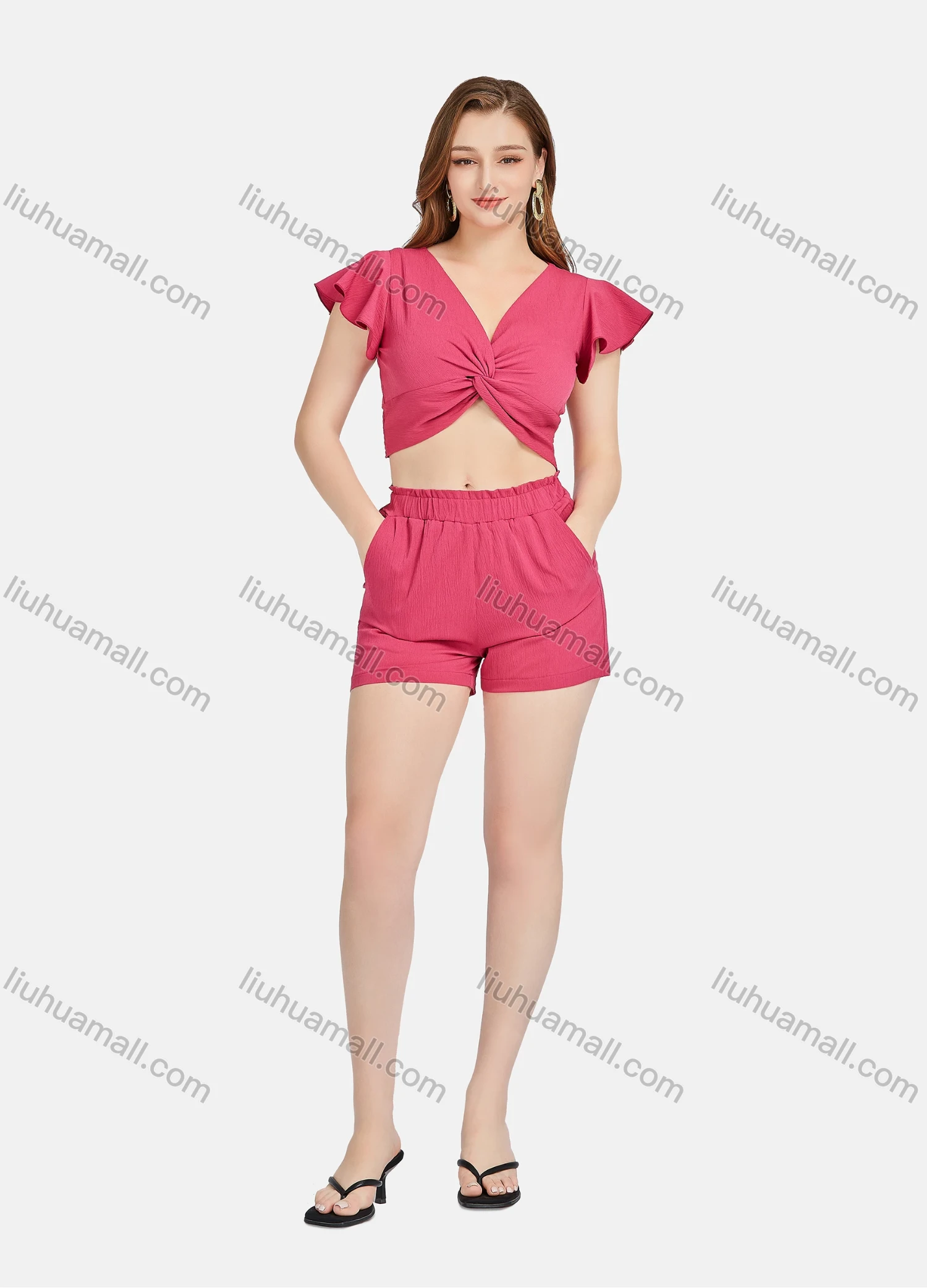 Wholesale Women's Plain V Neck Ruffle Sleeve Twist Shirred Crop Tops & Ruffle Trim Elastic Waist Shorts 2 Piece Set L6004# - Liuhuamall