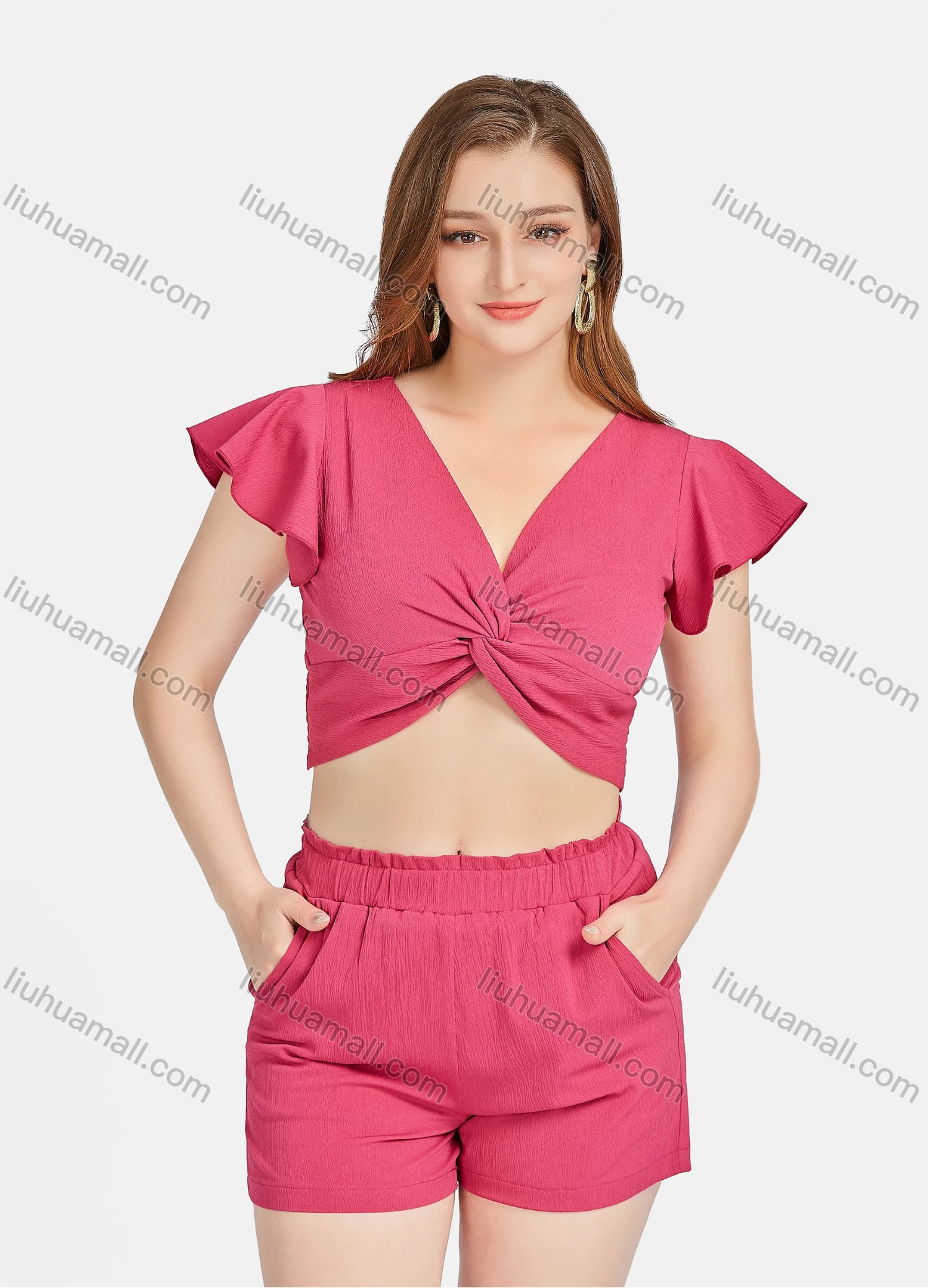 Wholesale Women's Plain V Neck Ruffle Sleeve Twist Shirred Crop Tops & Ruffle Trim Elastic Waist Shorts 2 Piece Set L6004# - Liuhuamall