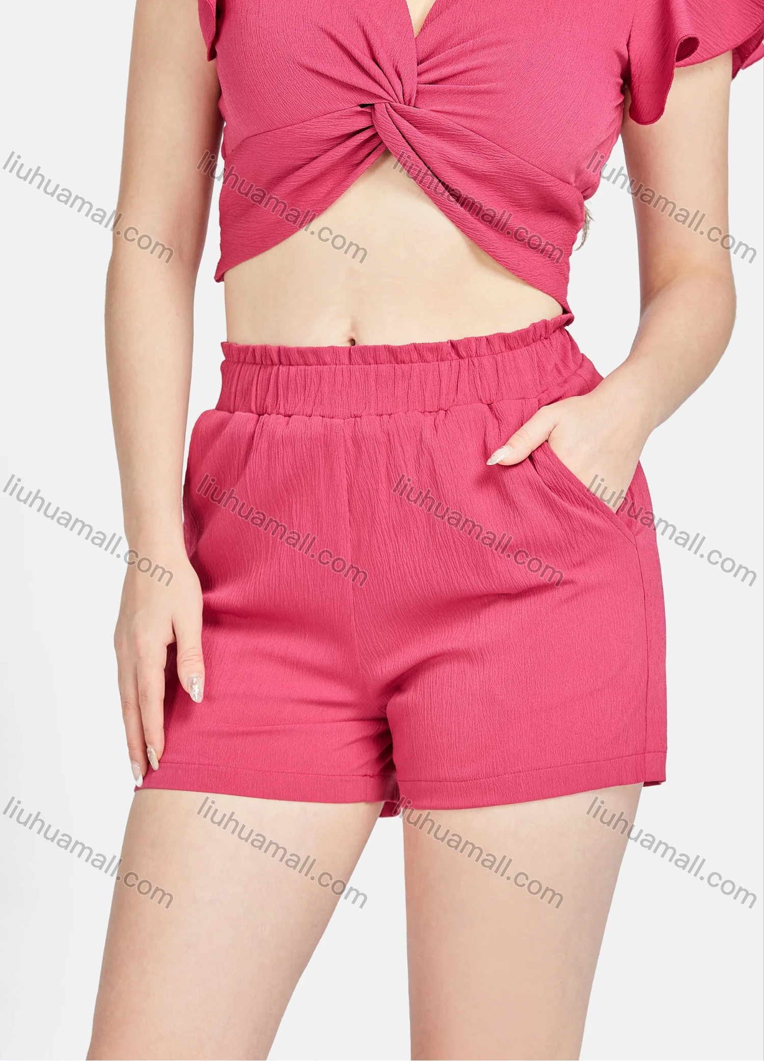 Wholesale Women's Plain V Neck Ruffle Sleeve Twist Shirred Crop Tops & Ruffle Trim Elastic Waist Shorts 2 Piece Set L6004# - Liuhuamall