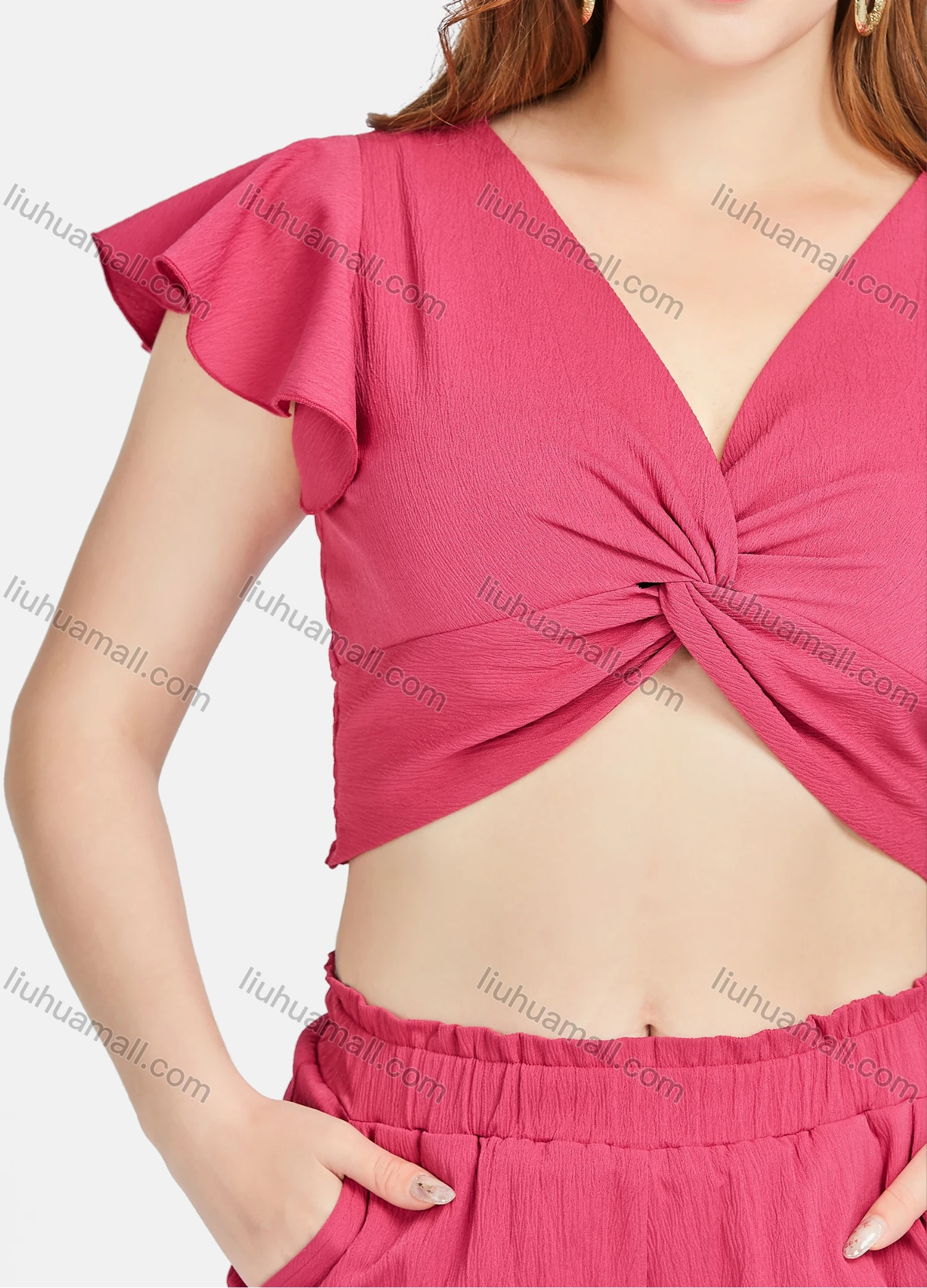 Wholesale Women's Plain V Neck Ruffle Sleeve Twist Shirred Crop Tops & Ruffle Trim Elastic Waist Shorts 2 Piece Set L6004# - Liuhuamall
