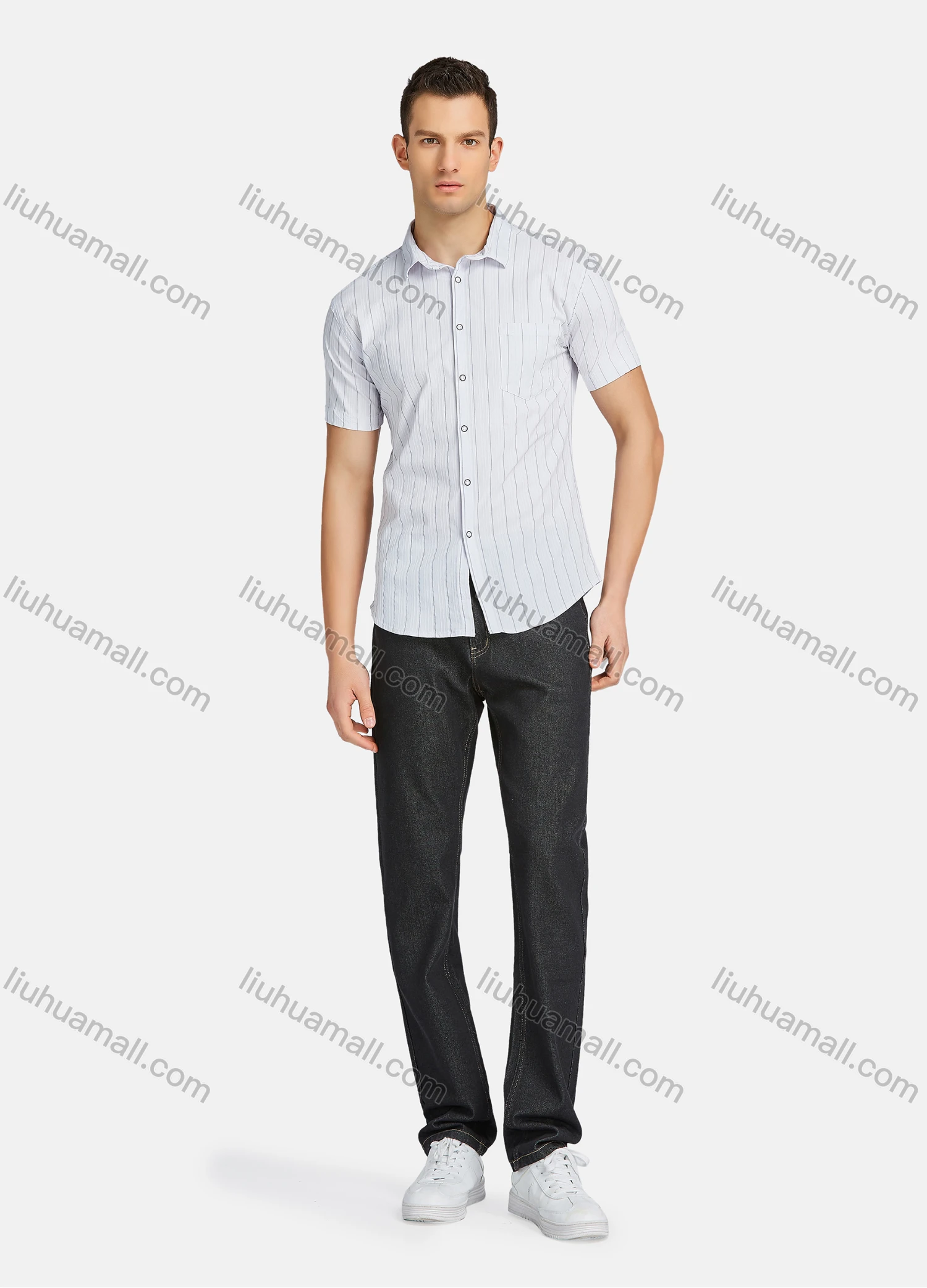 Wholesale Men's Casual Striped Buttons Down Short Sleeve Patch Pocket Shirts 1311-3# - Liuhuamall