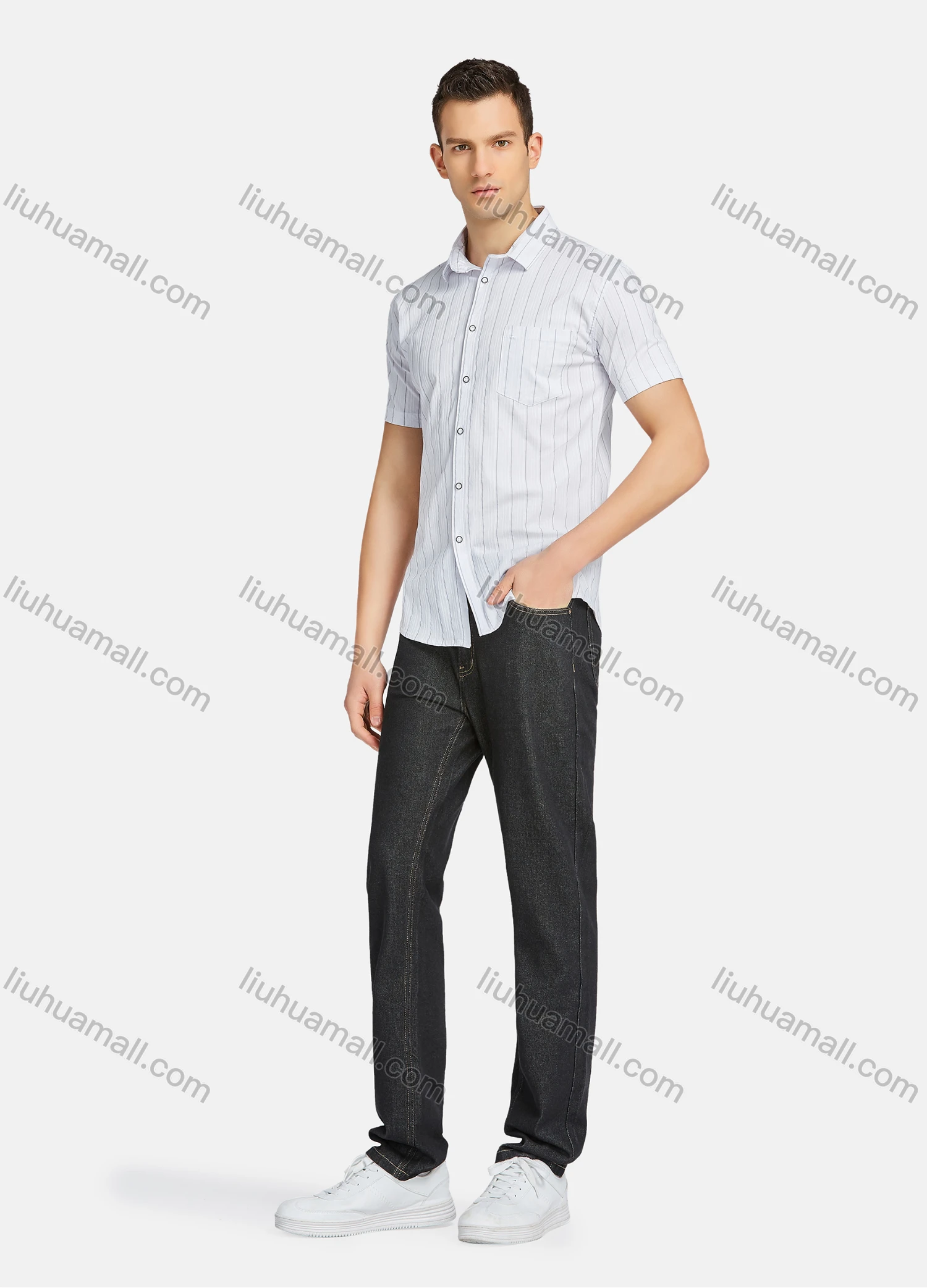 Wholesale Men's Casual Striped Buttons Down Short Sleeve Patch Pocket Shirts 1311-3# - Liuhuamall