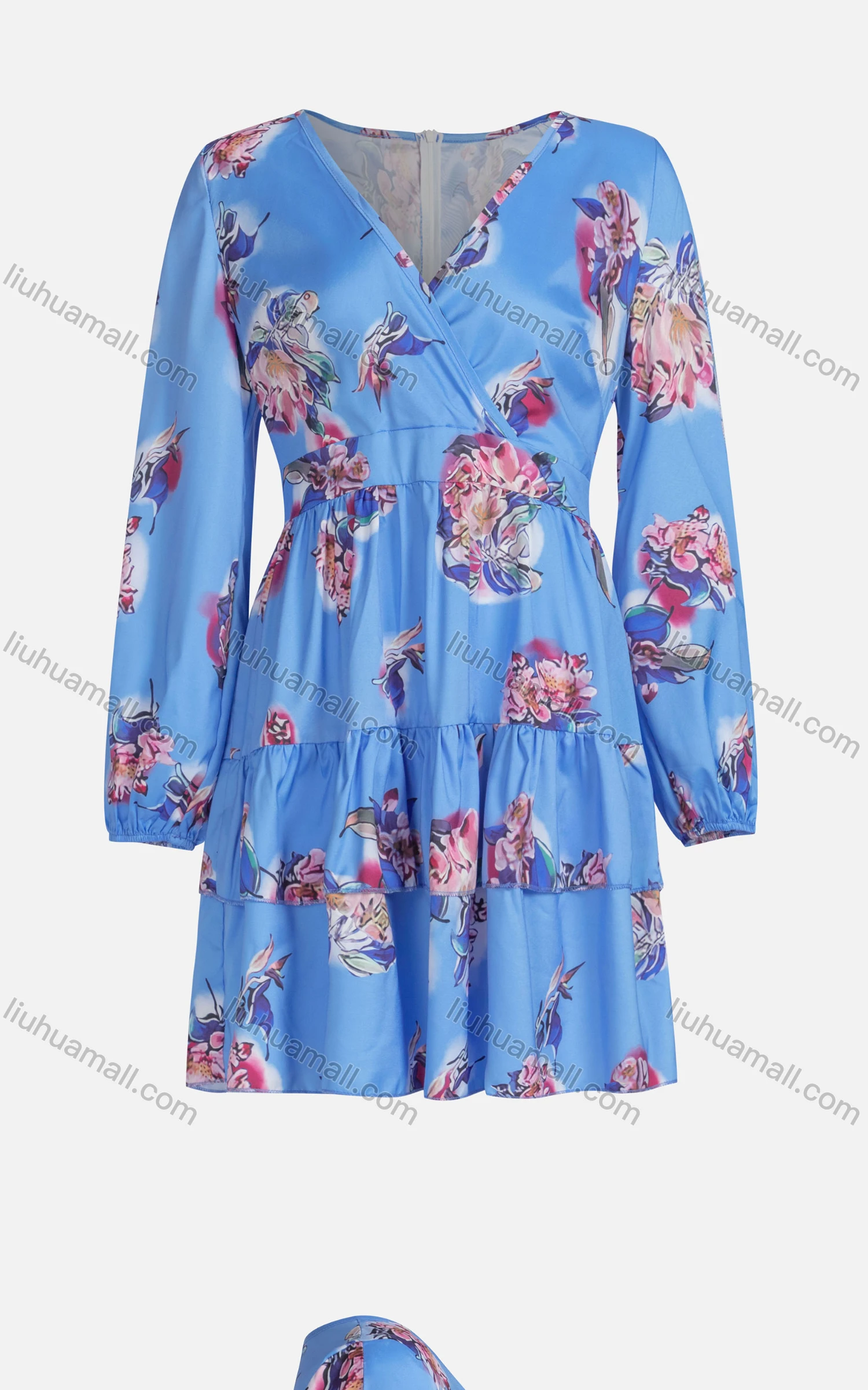 Wholesale Women's Casual V Neck Wrap Floral Tiered Elastic Cuff Short Dress - Liuhuamall