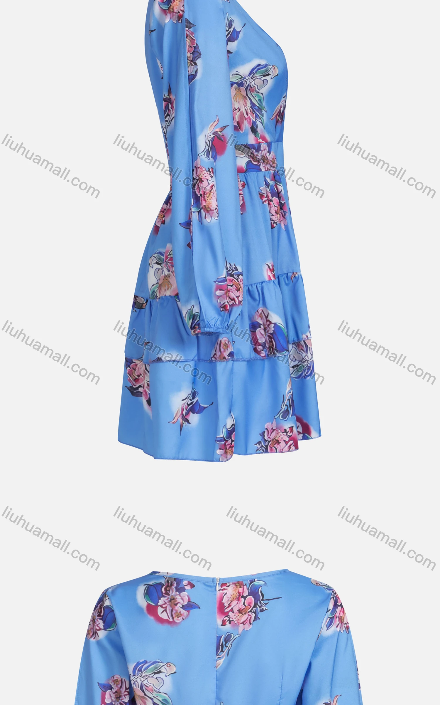 Wholesale Women's Casual V Neck Wrap Floral Tiered Elastic Cuff Short Dress - Liuhuamall