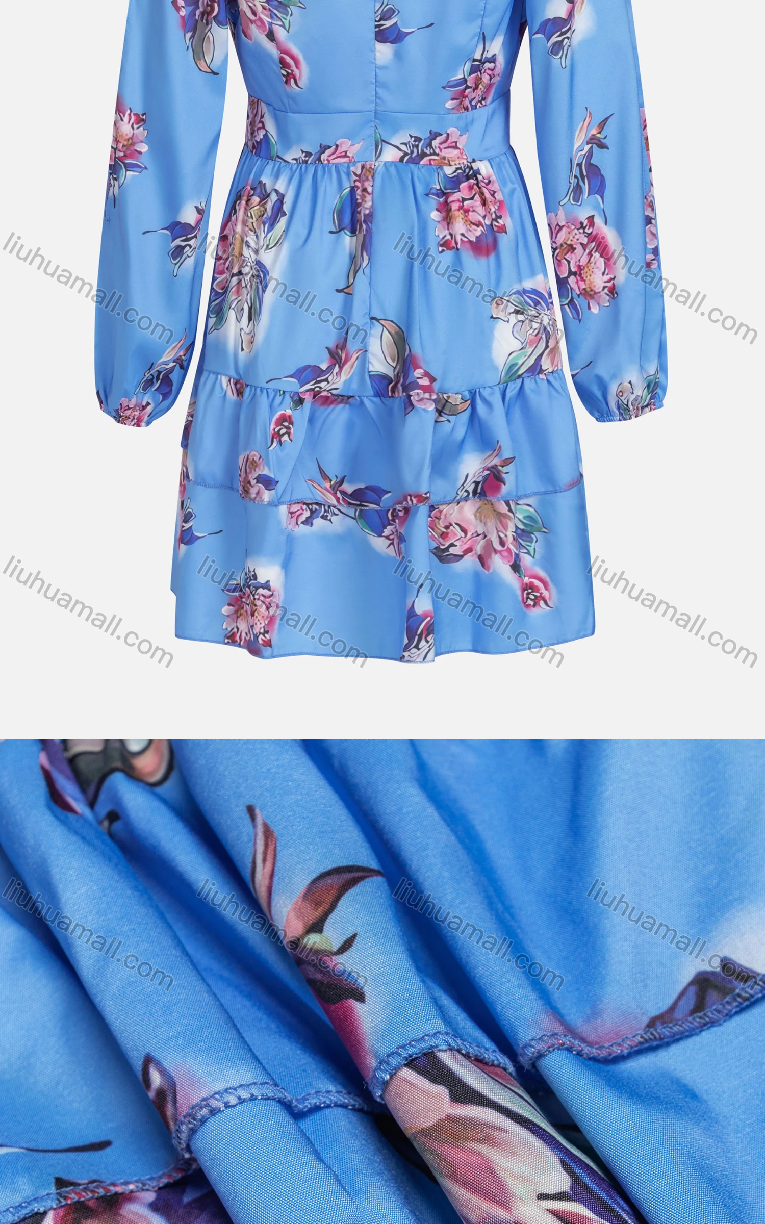 Wholesale Women's Casual V Neck Wrap Floral Tiered Elastic Cuff Short Dress - Liuhuamall