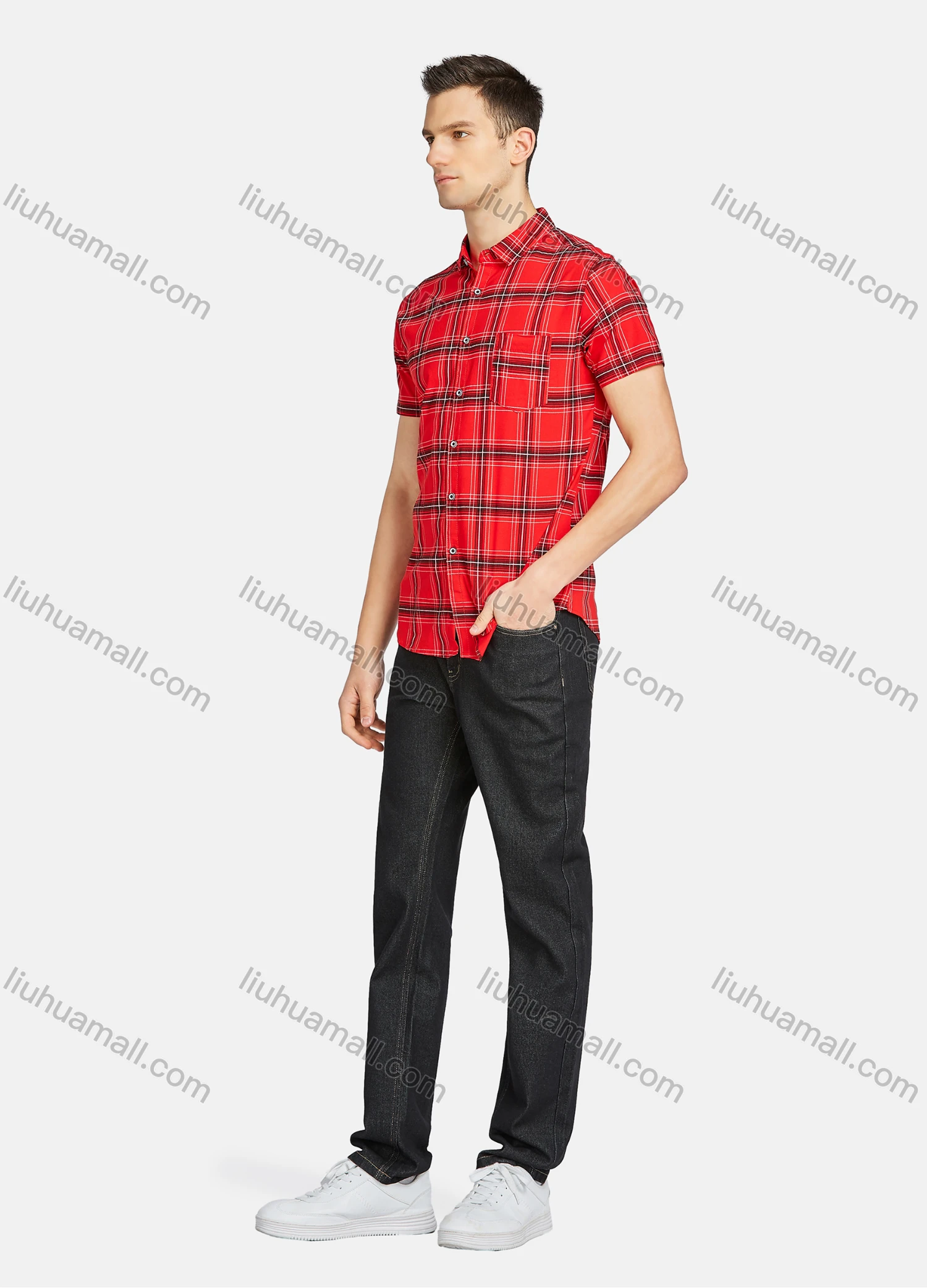 Wholesale Men's Casual Plaid Print Buttons Down Short Sleeve Patch Pocket Shirts 23307# - Liuhuamall