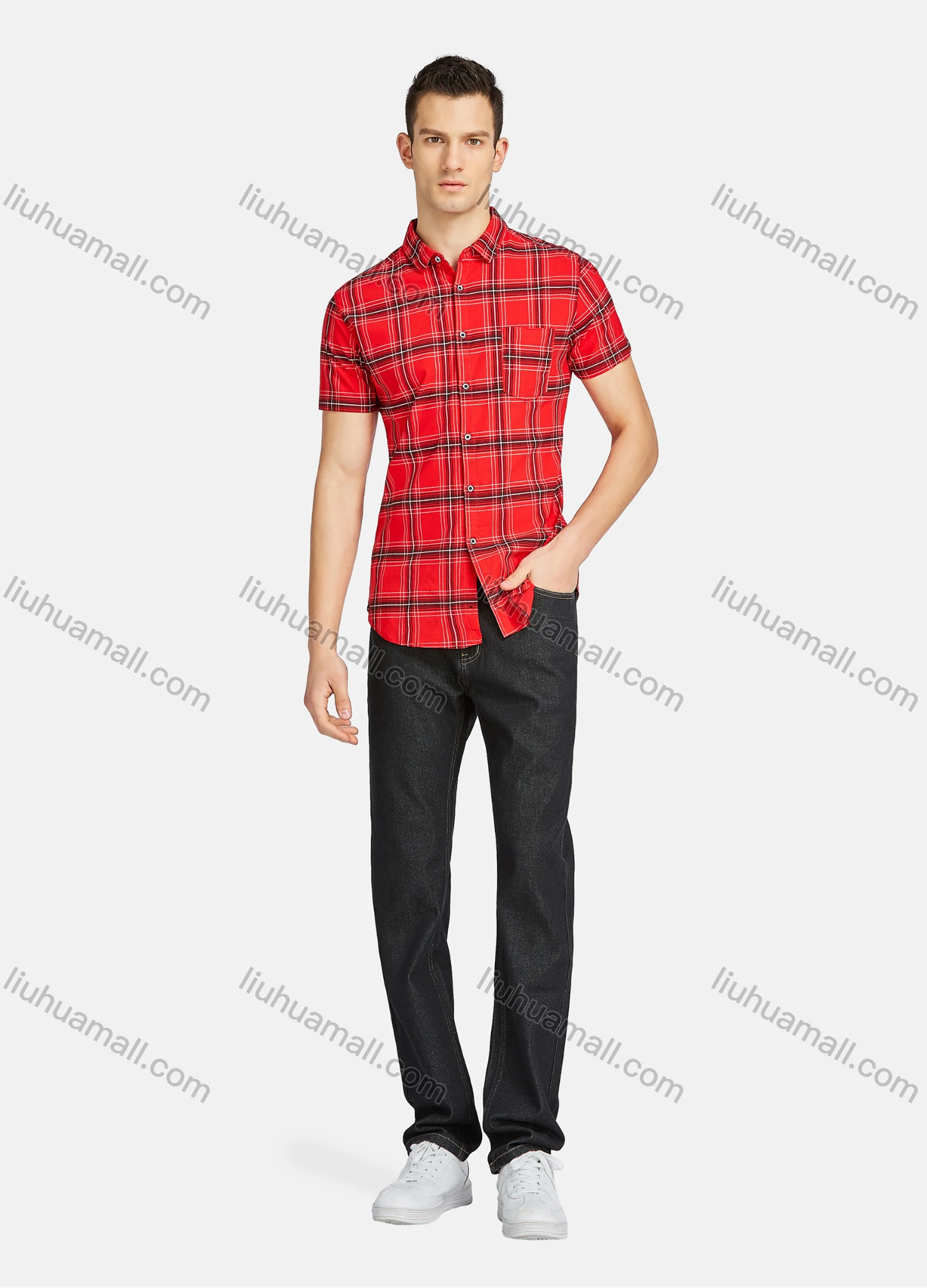 Wholesale Men's Casual Plaid Print Buttons Down Short Sleeve Patch Pocket Shirts 23307# - Liuhuamall
