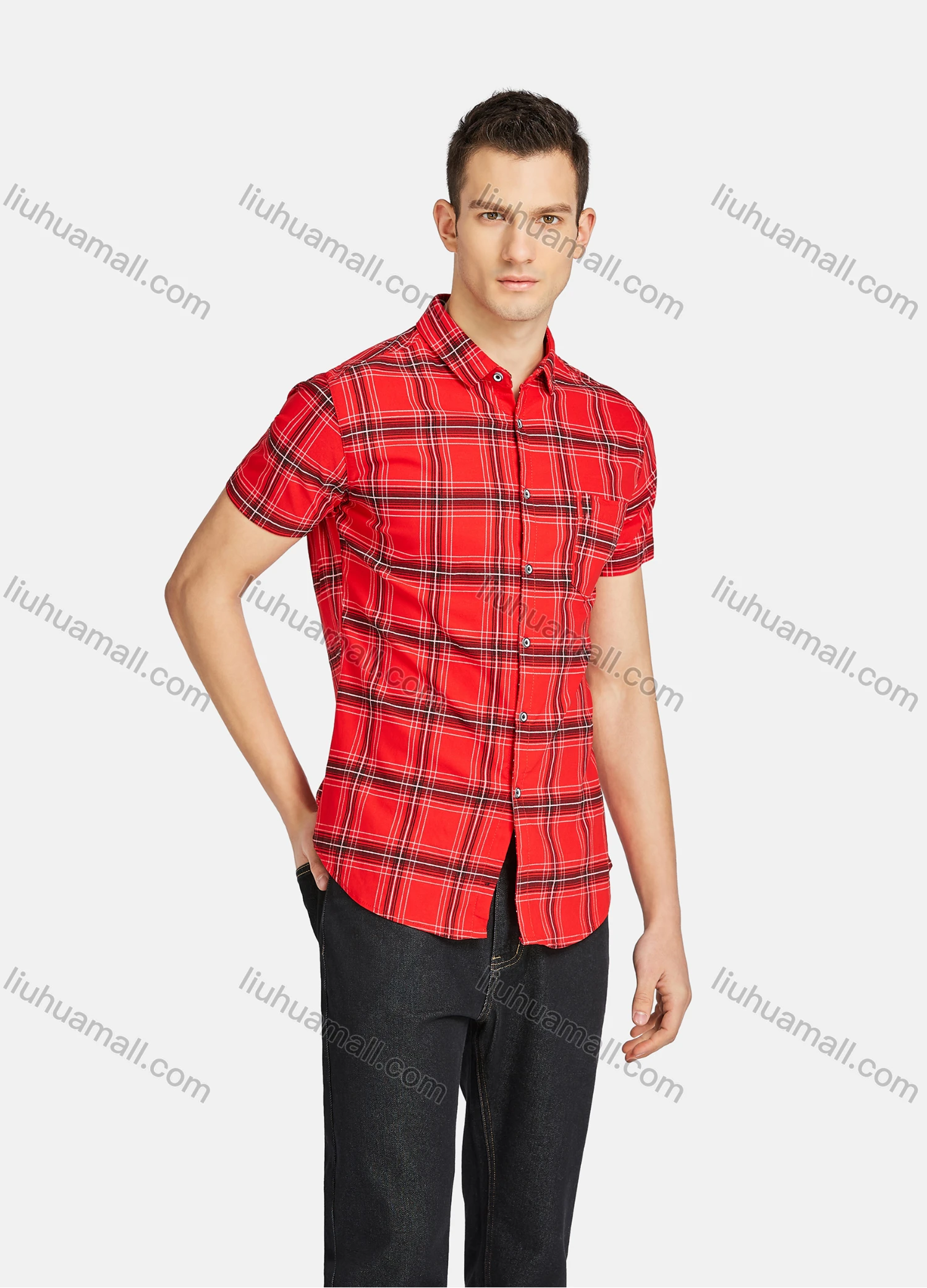 Wholesale Men's Casual Plaid Print Buttons Down Short Sleeve Patch Pocket Shirts 23307# - Liuhuamall