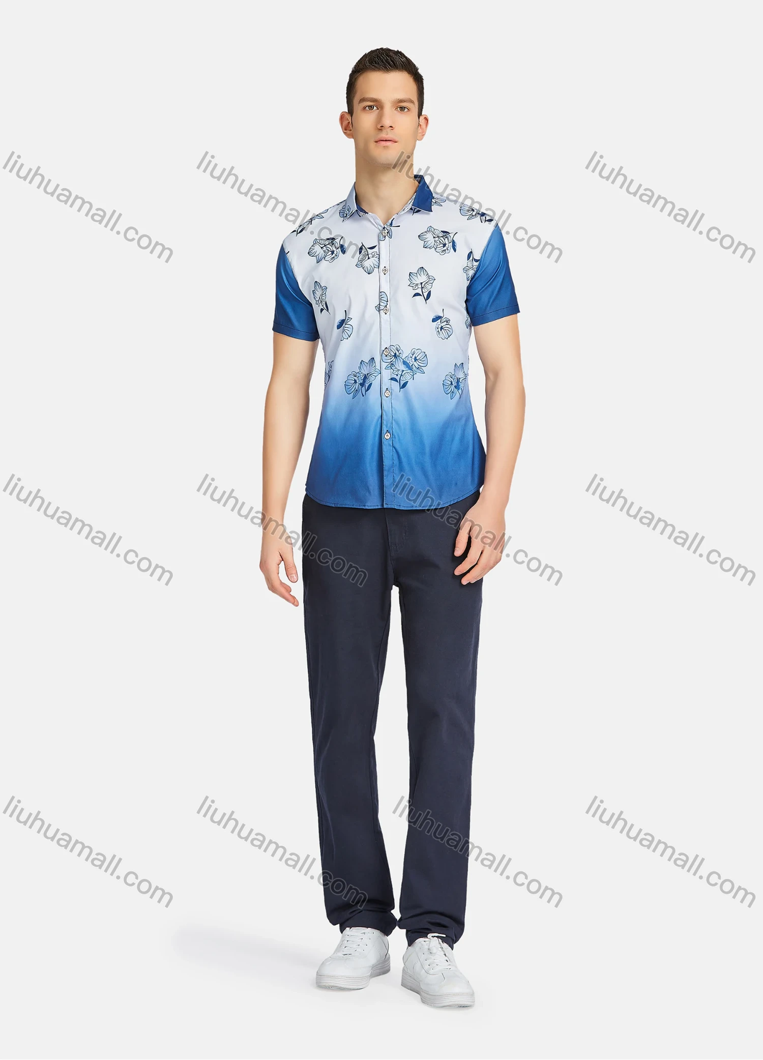 Wholesale Men's Causal Splicing Floral Print Gradient Buttons Down Short Sleeve Shirts 23307# - Liuhuamall