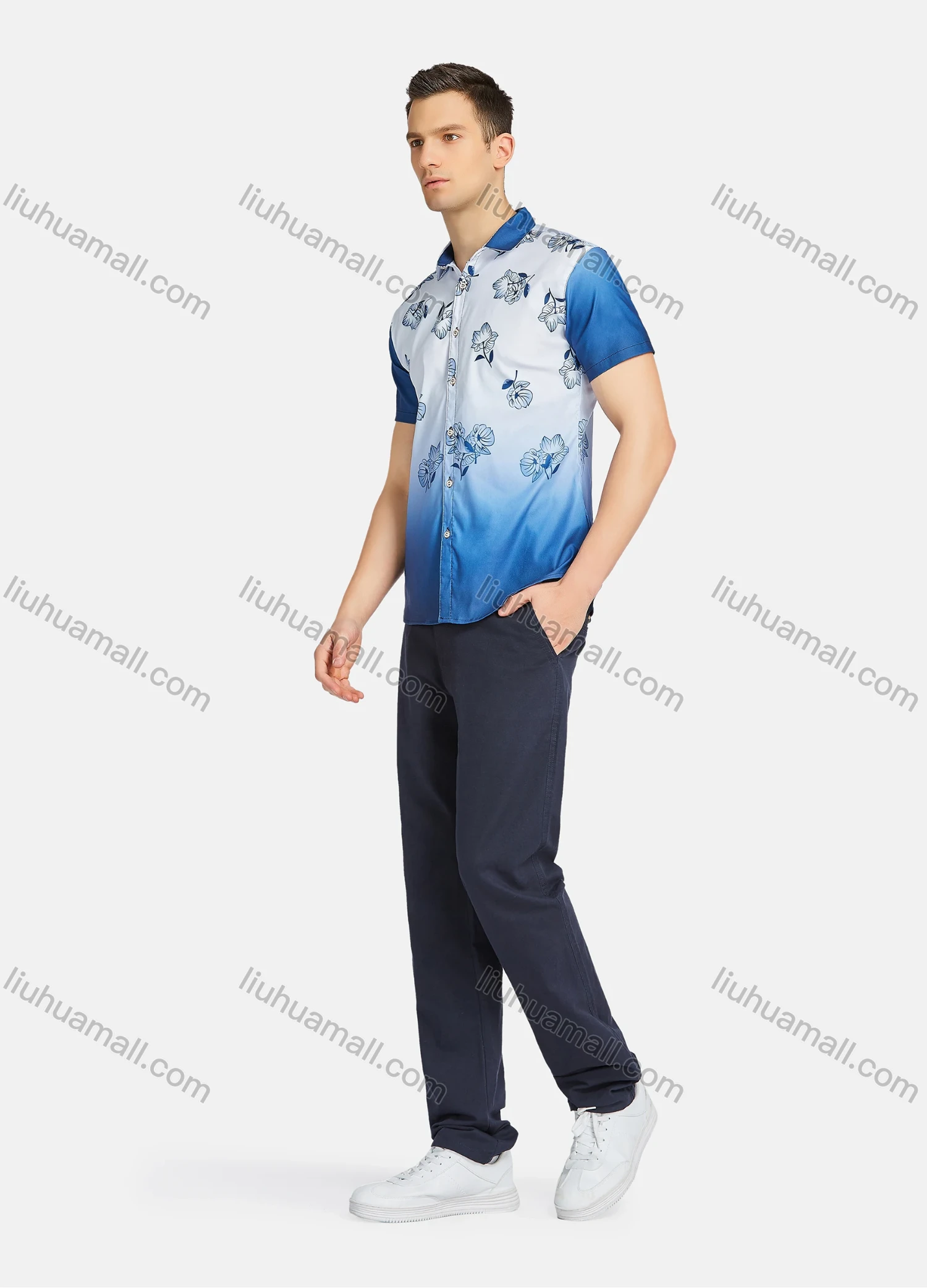 Wholesale Men's Causal Splicing Floral Print Gradient Buttons Down Short Sleeve Shirts 23307# - Liuhuamall
