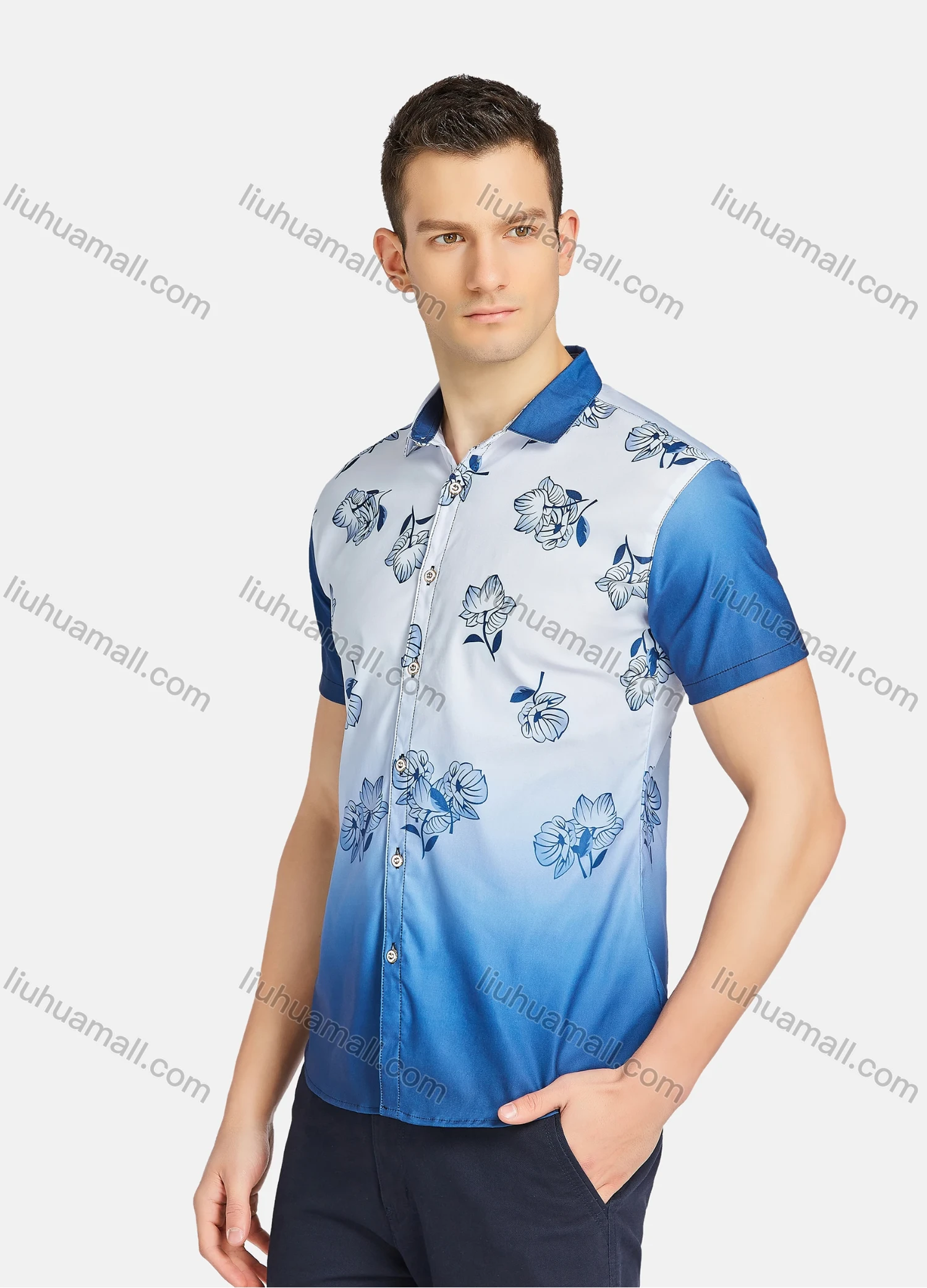 Wholesale Men's Causal Splicing Floral Print Gradient Buttons Down Short Sleeve Shirts 23307# - Liuhuamall